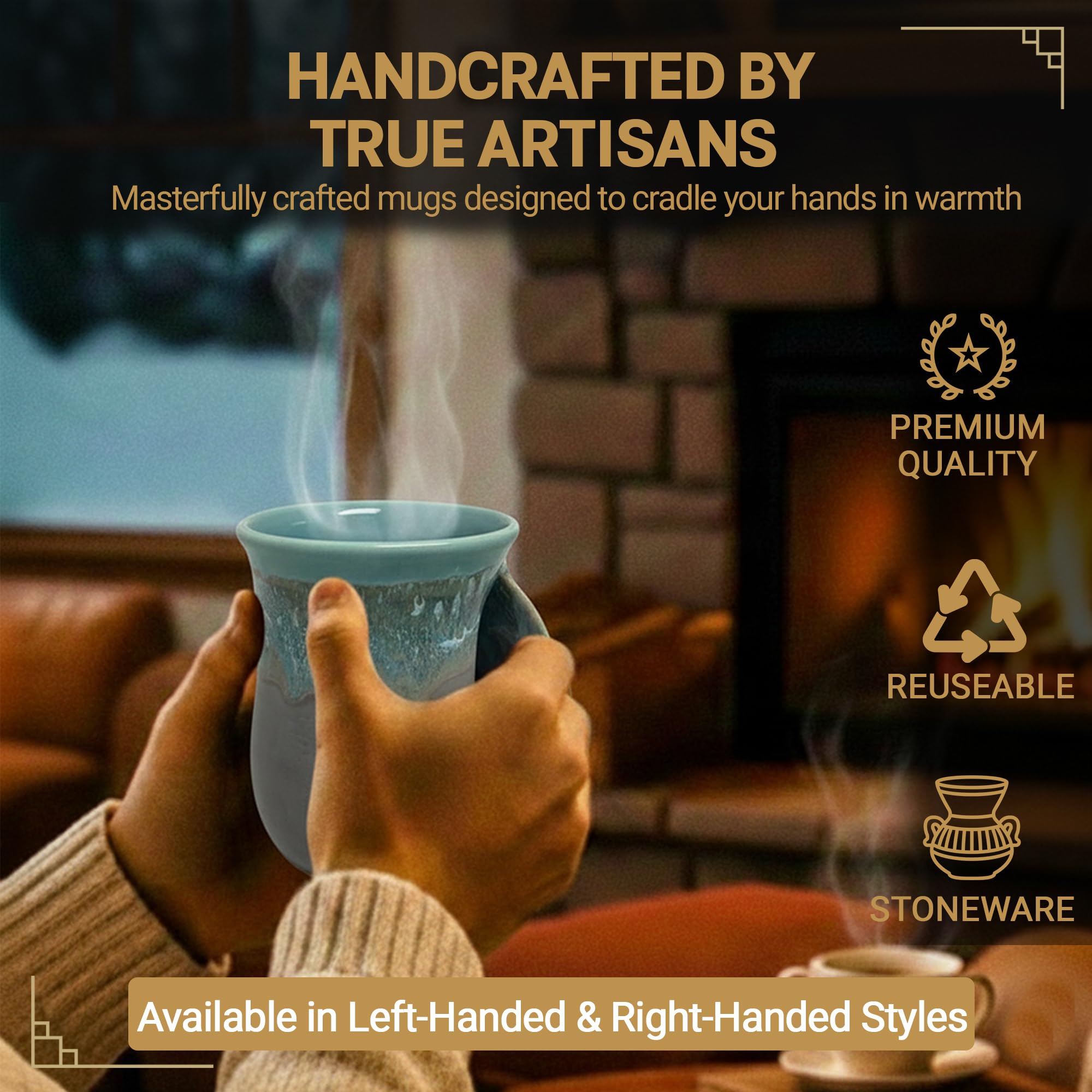 Clay in Motion Hand Warmer Coffee Mug – Handmade Coffee Mug With Comfortable Handle Contoured Pocket Hand Warming Ceramic Coffee Mug – Proudly Made in USA – Right Handed – 14 Oz - Island Oasis