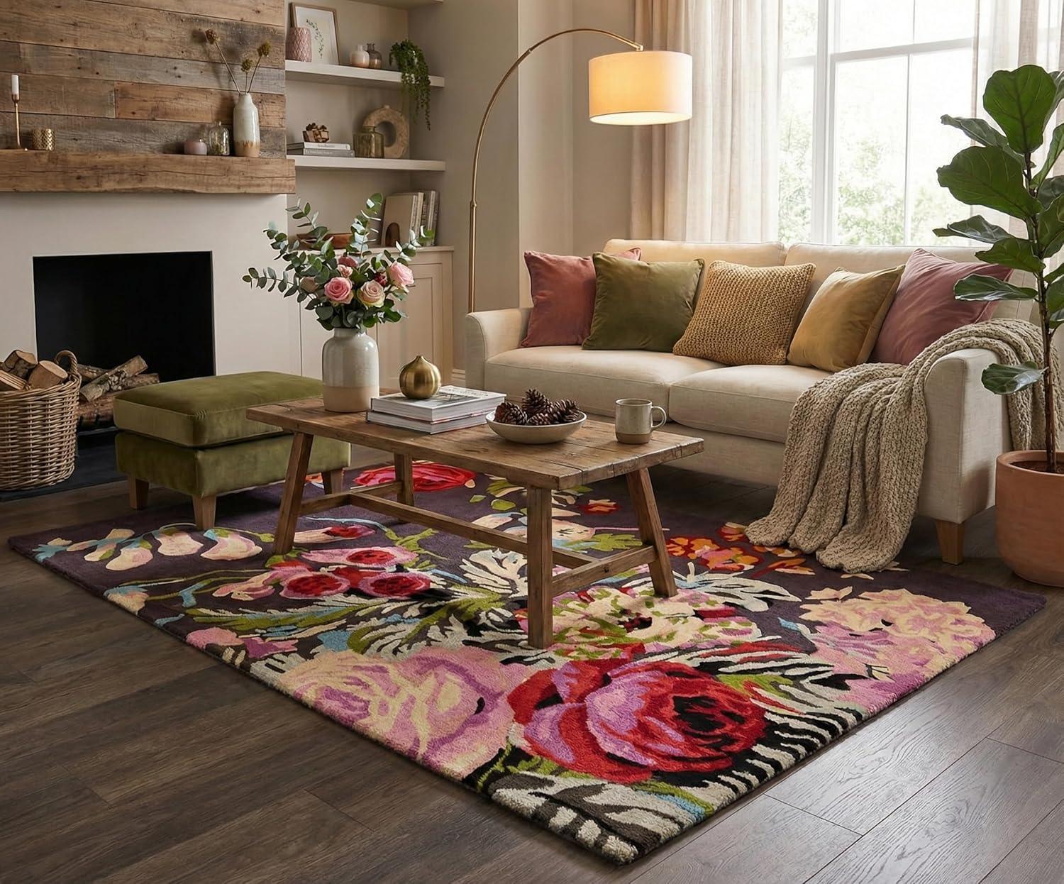 Modern Rose Floral Wool Rug | Handmade Area Rug with Garden Colorful Flowers for Living Room Dining Room and Kitchen (Brown, 10x8 ft) - Handmade Lifestyle Shop