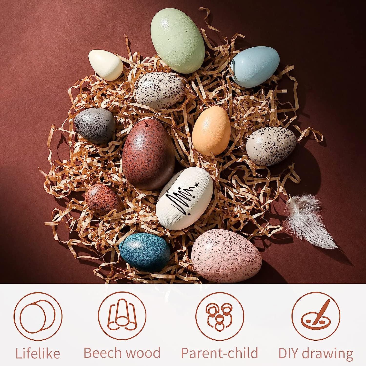 OESSUF Wooden Fake Eggs Easter Eggs Play Eggs for Toddlers Pretend Wood Egg Decor for Play Kitchen Artificial Decorative Eggs for Crafts Toy Food (12PCs)