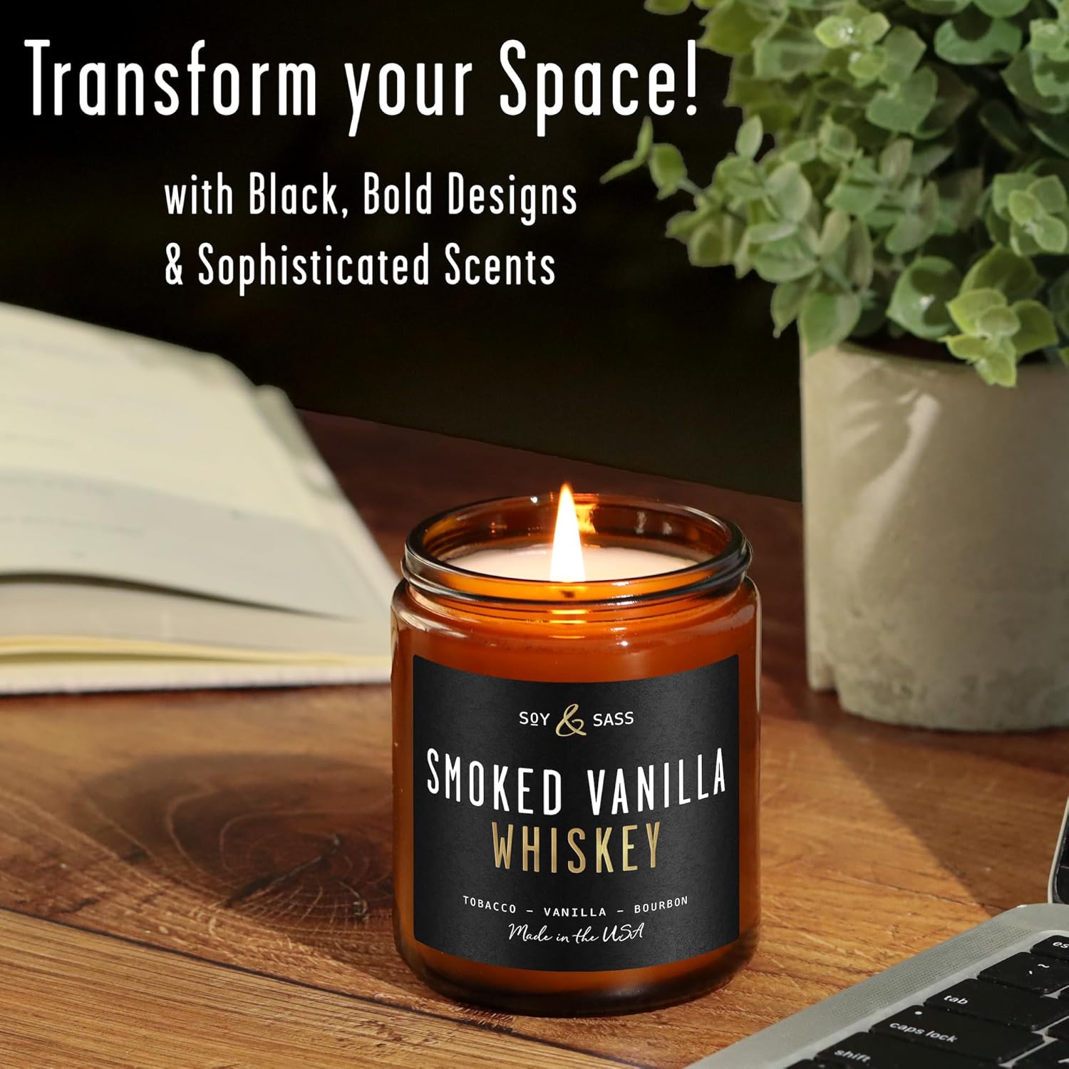 Smoked Vanilla Whiskey Candle - Scented Black Candles for Men or Women - Bourbon, Tobacco & Caramel Soy Wax Mens Candle - Infused w/Essential Oils | Long 50Hr Burn,9oz I Non Toxic I Made in USA