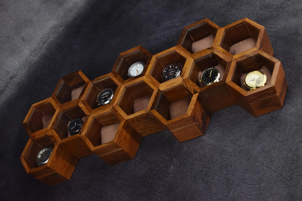 Premium 7-Slot Wooden Timepiece Display Case – Handcrafted Honeycomb Watch Box for Men in Superior Indian Rosewood | Hinged Glass Cover – Father’s Day Gift – Luxury Built to Last - Handmade Lifestyle Shop