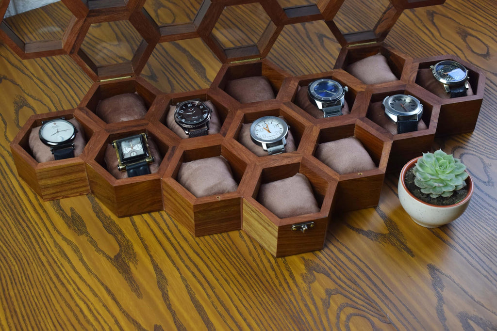 Premium 7-Slot Wooden Timepiece Display Case – Handcrafted Honeycomb Watch Box for Men in Superior Indian Rosewood | Hinged Glass Cover – Father’s Day Gift – Luxury Built to Last