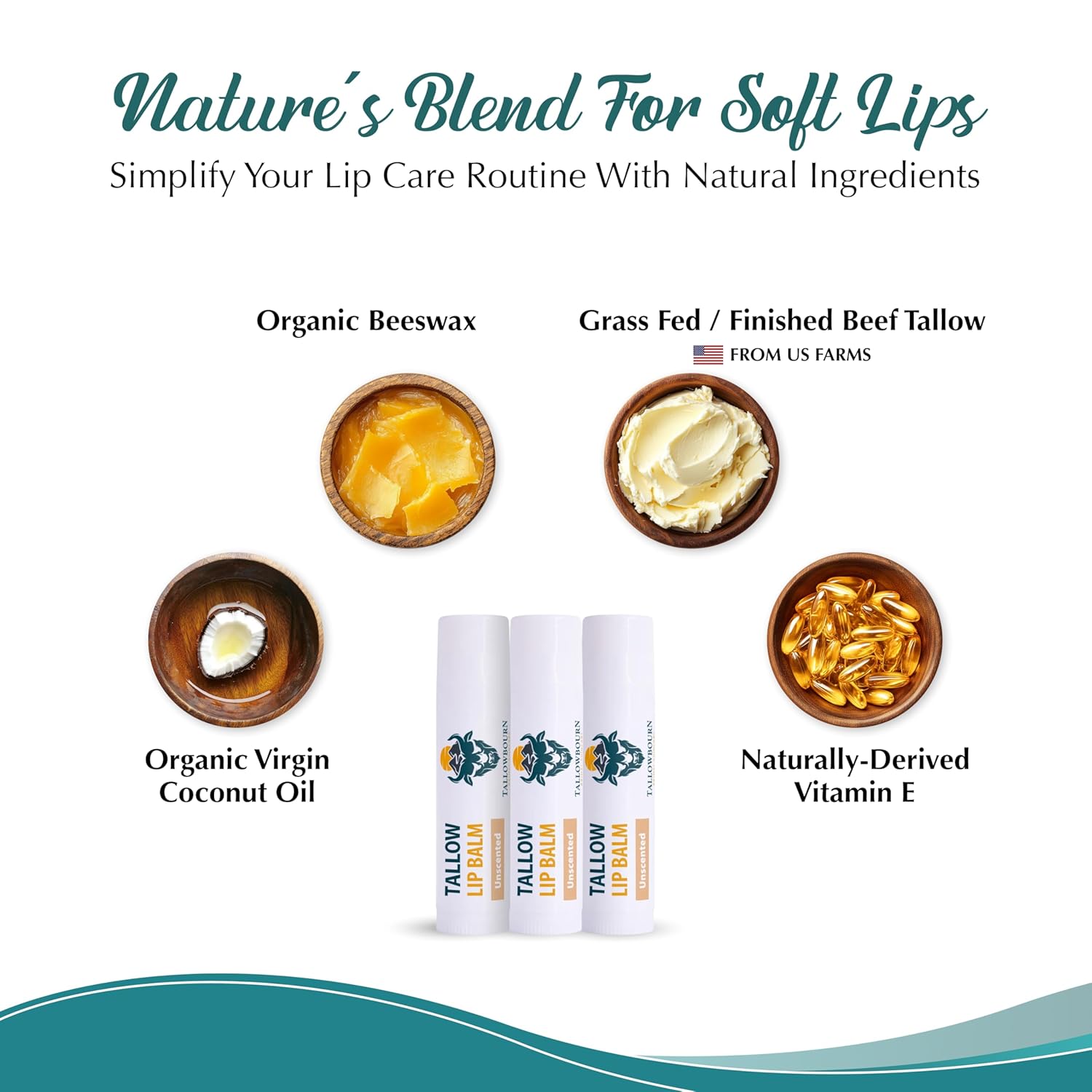 Moisturizing Tallow Lip Balm – Grass-Fed Beef Tallow with Organic Coconut Oil, Beeswax, and Vitamin E – Lip Balm Set – Variety Pack – Travel Essential – 3-Pack