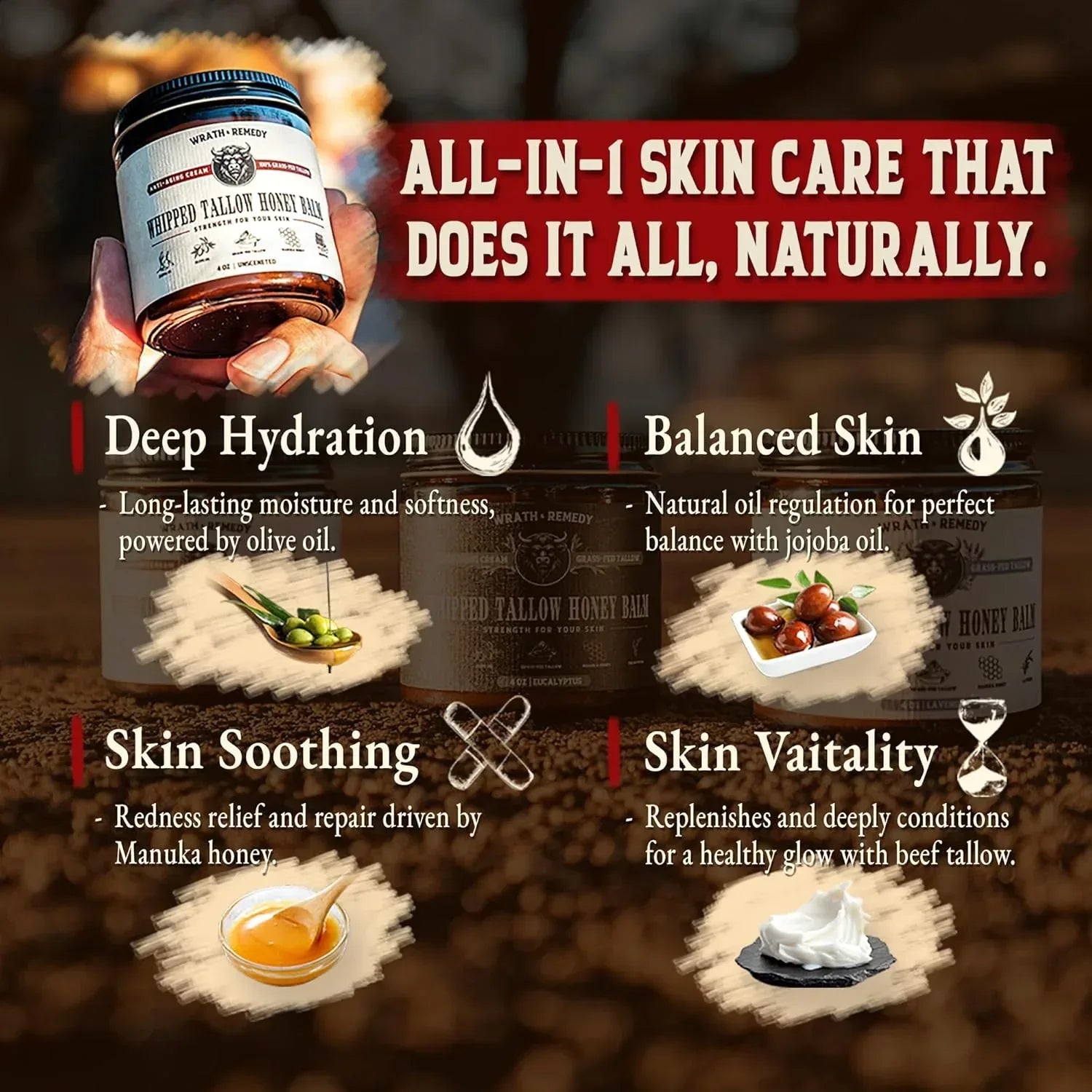 Organic Beef Tallow for Skin - 4 OZ (Unscented) — Grass Fed Beef Tallow for face + Body — US-Made Whipped Tallow and Honey Balm Moisturizer for Dry and Sensitive Skin, Eczema, Rosacea (No Additives) - Handmade Lifestyle Shop