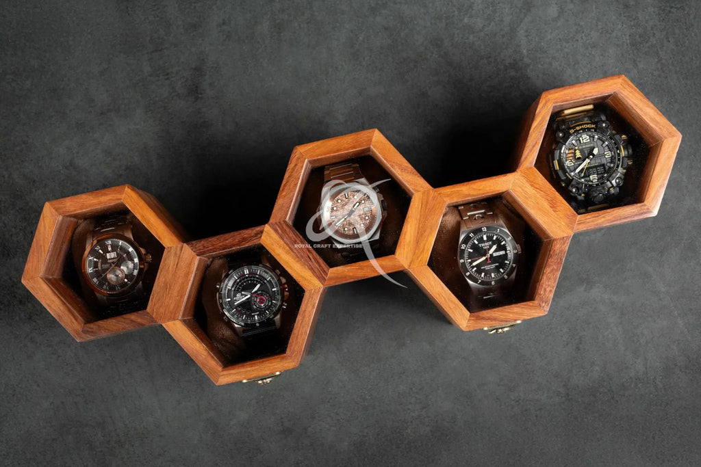 Premium 7-Slot Wooden Timepiece Display Case – Handcrafted Honeycomb Watch Box for Men in Superior Indian Rosewood | Hinged Glass Cover – Father’s Day Gift – Luxury Built to Last - Handmade Lifestyle Shop