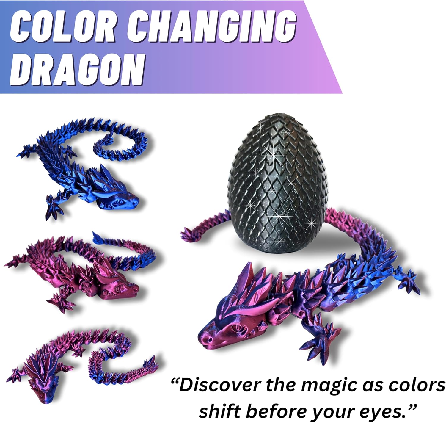 20" Articulated 3D Printed Dragon – Color-Changing Fidget Figurine, Mythical Figure, Made in USA, 3D Printed Toys - Valentines Day Gift for Boys and Girls (Rainbow with Blue Egg)