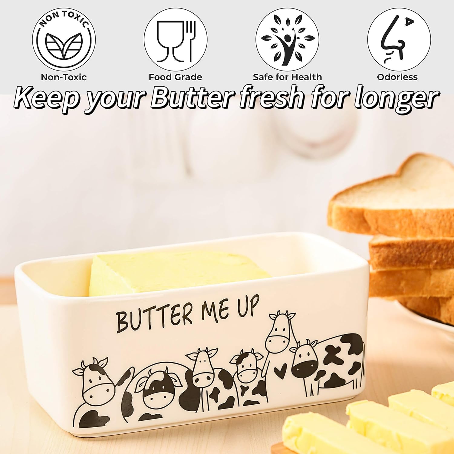 Butter Dish with Lid, Butter Dish with Lid for Countertop, White Butter Keeper Holds Up to 2 Sticks - Butter Holder and Container (Black butter me up, Large)