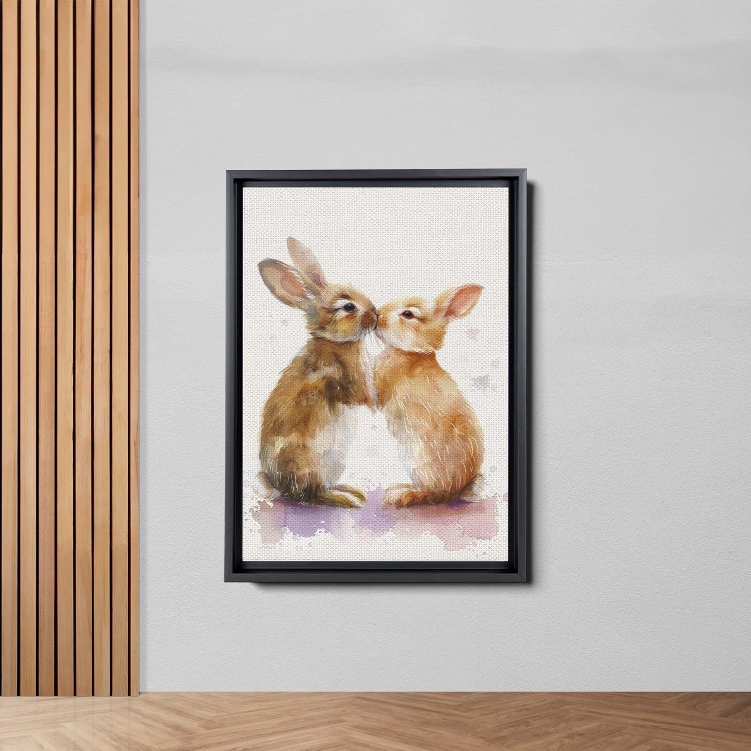 Watercolor Bunnies Kissing Rabbits Vintage Art Cute Easter Bunny, In The Style Of Dark White And Light Purple,Depictions Of Animals, Realistic Watercolor, Decor Canvas