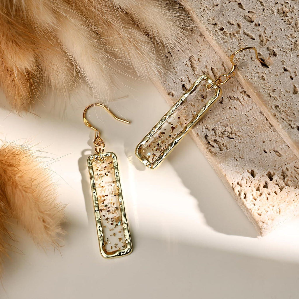 Gold Rectangle Dangle Earrings - Handmade Resin with Abalone Shell Pieces, Unique Drop Earrings - Handmade Lifestyle Shop