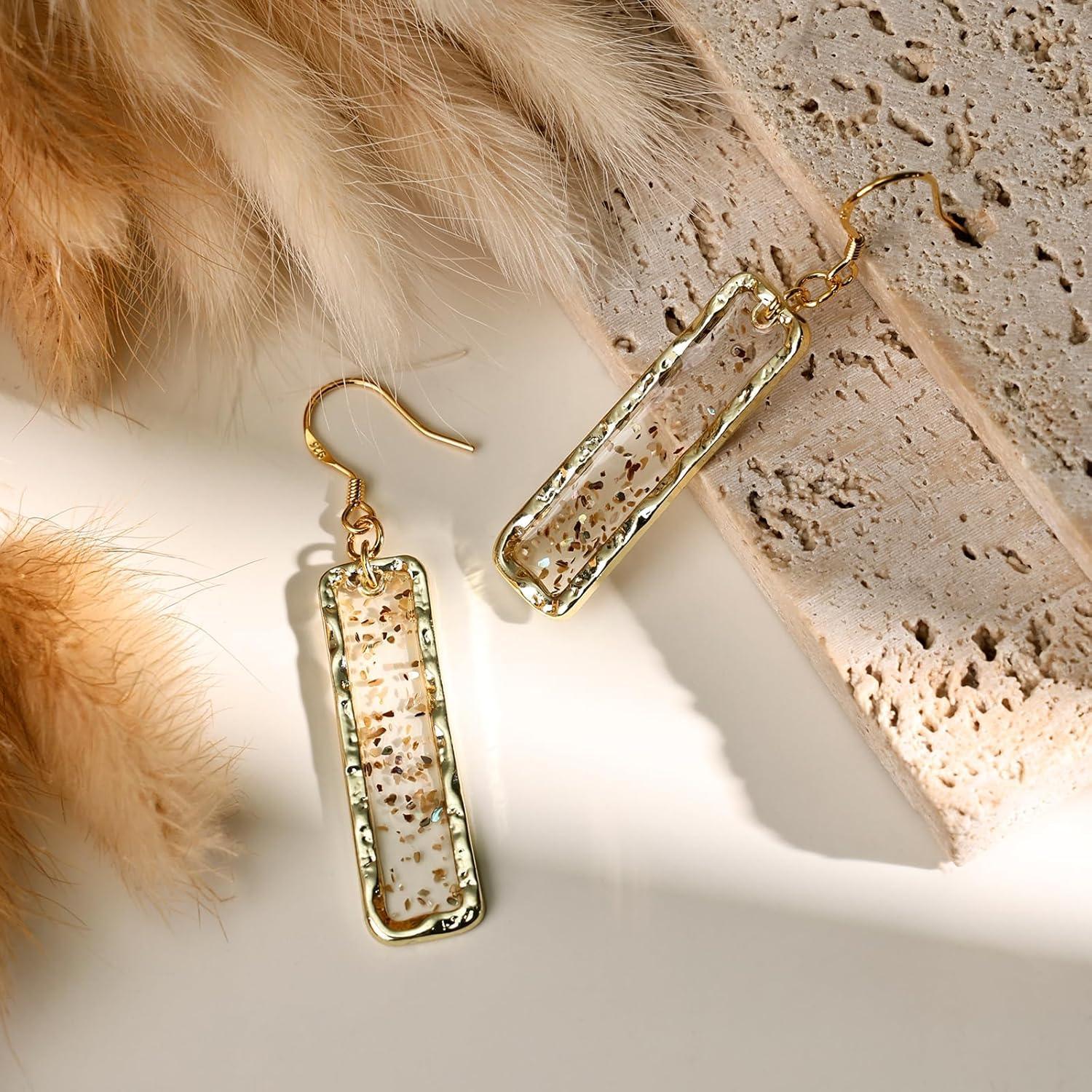 Gold Rectangle Dangle Earrings - Handmade Resin with Abalone Shell Pieces, Unique Drop Earrings - Handmade Lifestyle Shop