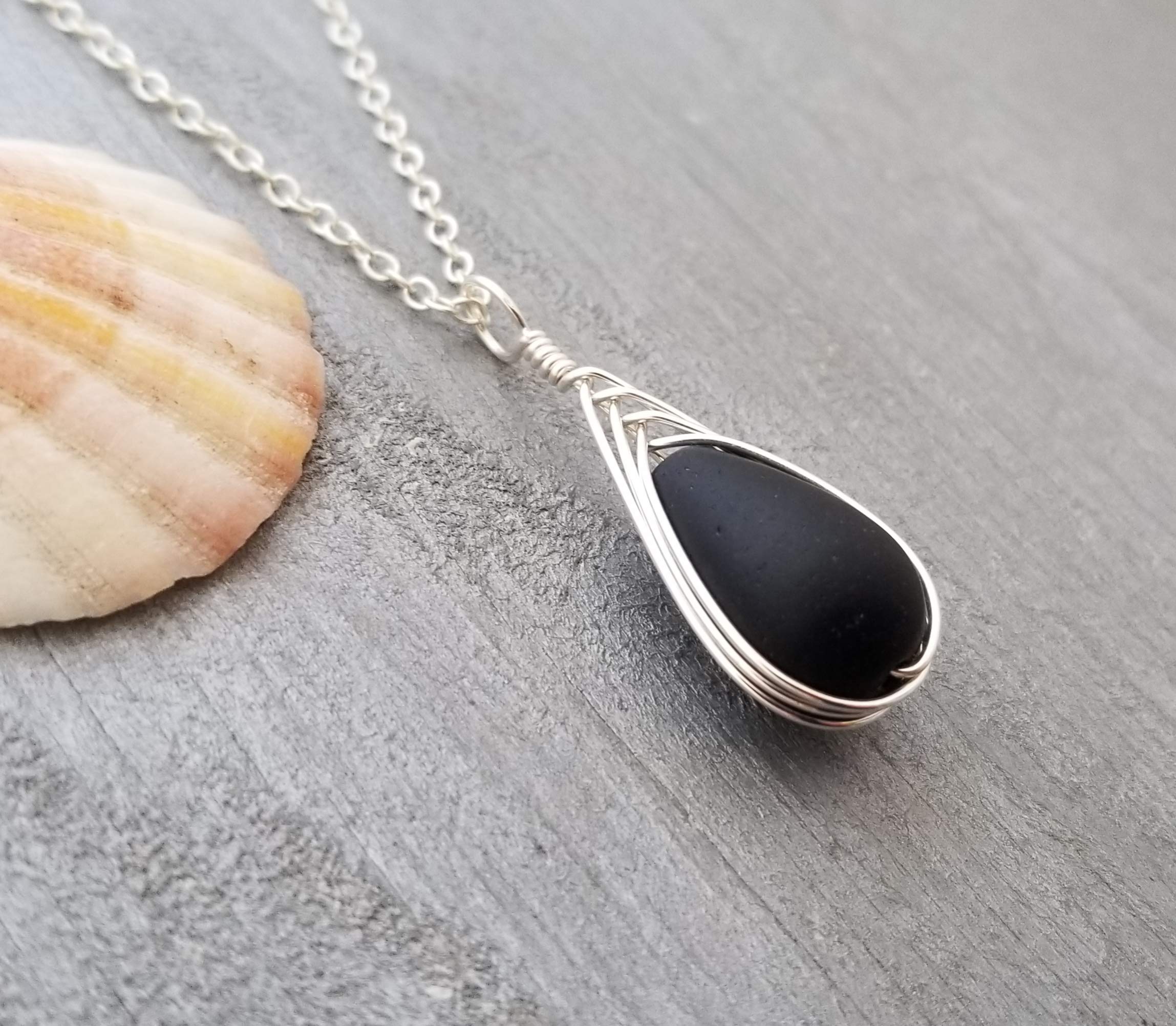 Yinahawaii Handmade Sea Glass Necklace, Hawaiian Jewelry For Women, Braided Teardrop Necklace, Unique Sea Glass Jewelry For Women Birthday Gift