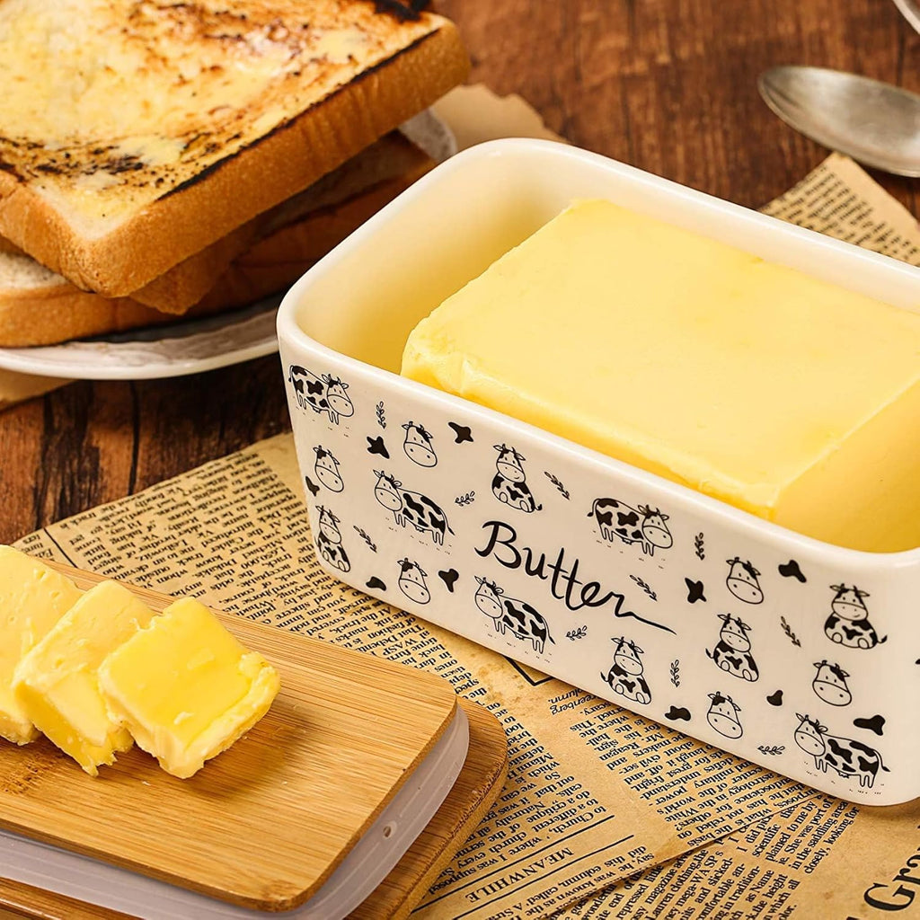 Butter Dish with Lid, Butter Dish with Lid for Countertop, White Butter Keeper Holds Up to 2 Sticks - Butter Holder and Container (Black butter me up, Large)