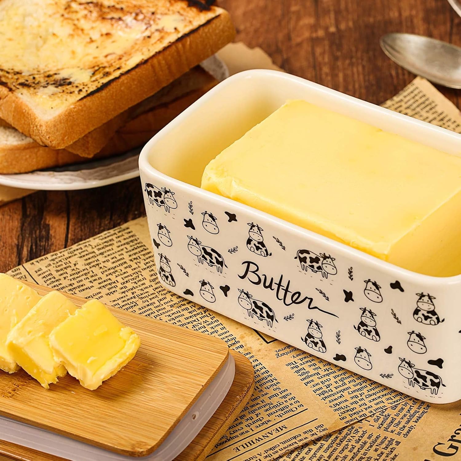 Butter Dish with Lid, Butter Dish with Lid for Countertop, White Butter Keeper Holds Up to 2 Sticks - Butter Holder and Container (Black butter me up, Large)