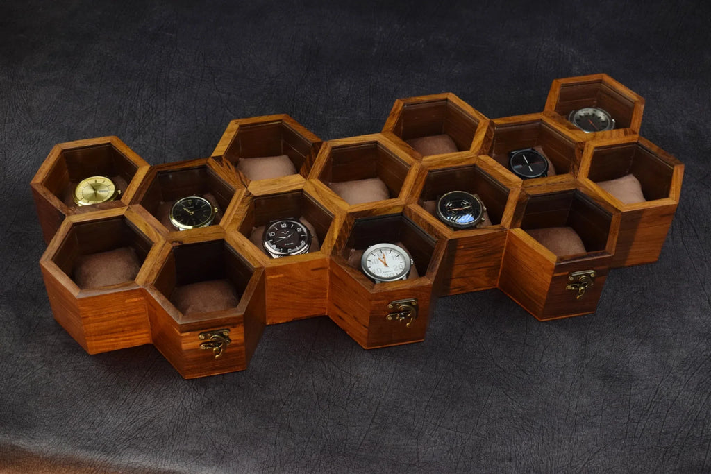Premium 7-Slot Wooden Timepiece Display Case – Handcrafted Honeycomb Watch Box for Men in Superior Indian Rosewood | Hinged Glass Cover – Father’s Day Gift – Luxury Built to Last - Handmade Lifestyle Shop