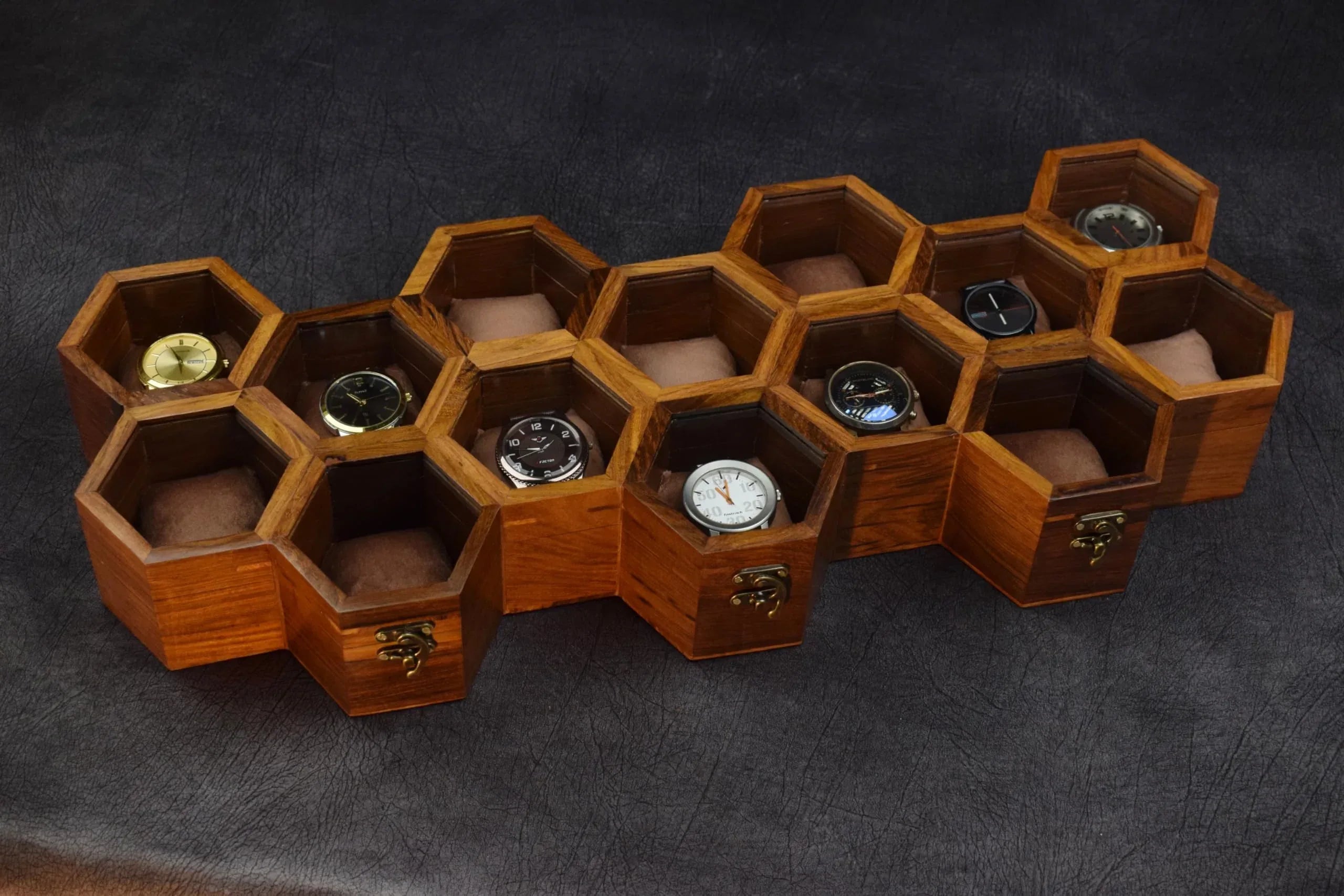 Premium 7-Slot Wooden Timepiece Display Case – Handcrafted Honeycomb Watch Box for Men in Superior Indian Rosewood | Hinged Glass Cover – Father’s Day Gift – Luxury Built to Last - Handmade Lifestyle Shop
