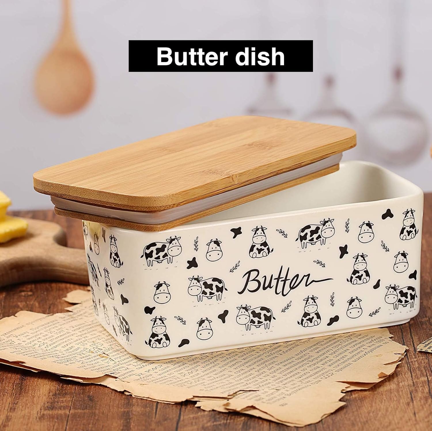 Butter Dish with Lid, Butter Dish with Lid for Countertop, White Butter Keeper Holds Up to 2 Sticks - Butter Holder and Container (Black butter me up, Large)