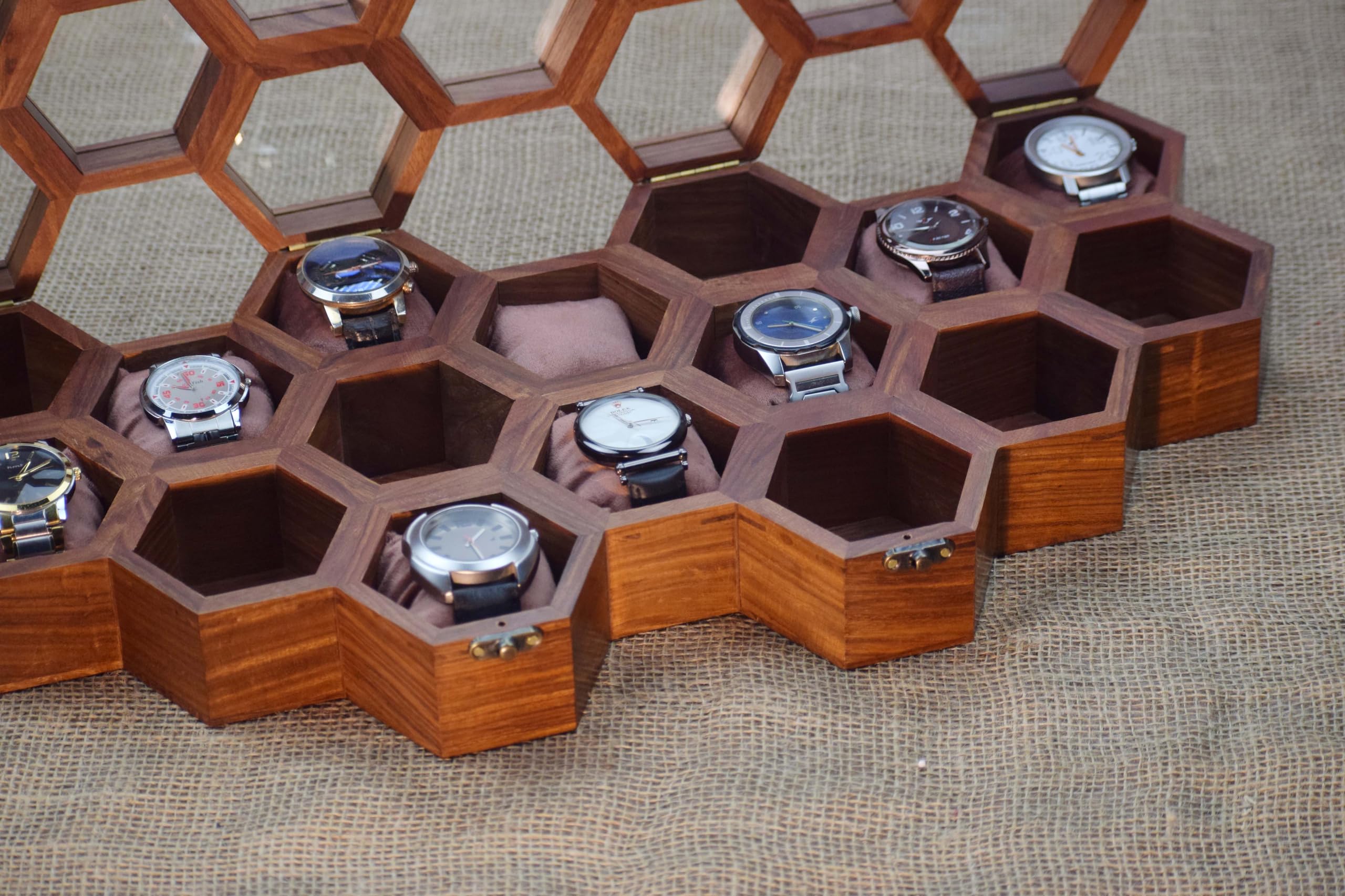 Premium 7-Slot Wooden Timepiece Display Case – Handcrafted Honeycomb Watch Box for Men in Superior Indian Rosewood | Hinged Glass Cover – Father’s Day Gift – Luxury Built to Last