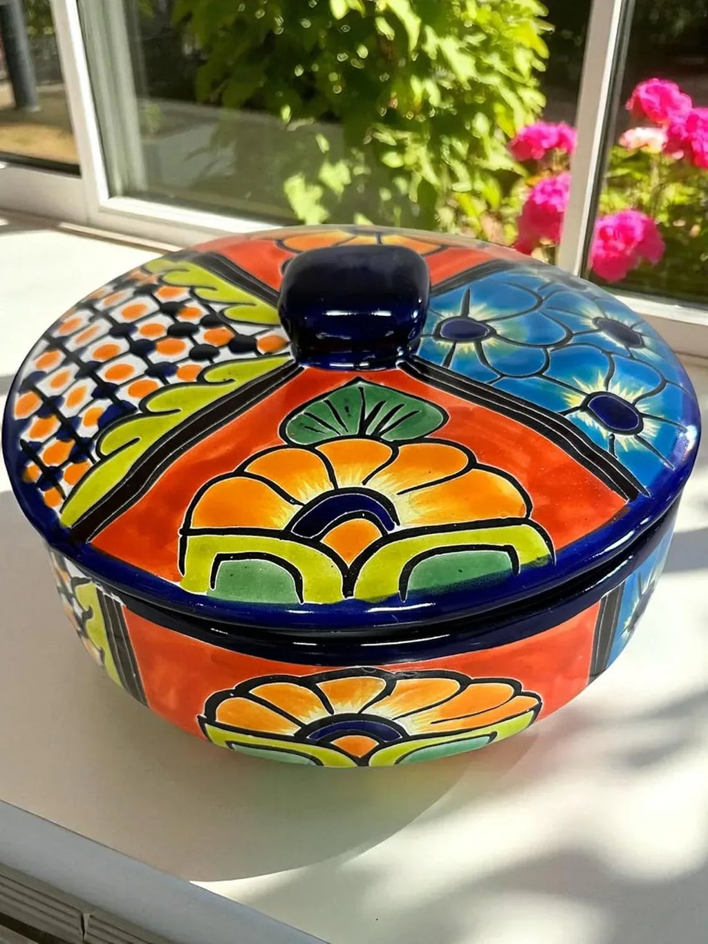 Talavera Tortilla Warmer – 9.5 x 4 Inch Handmade Mexican Pottery with Lid – Decorative Food Warmer & Serving Dish - Handmade Lifestyle Shop