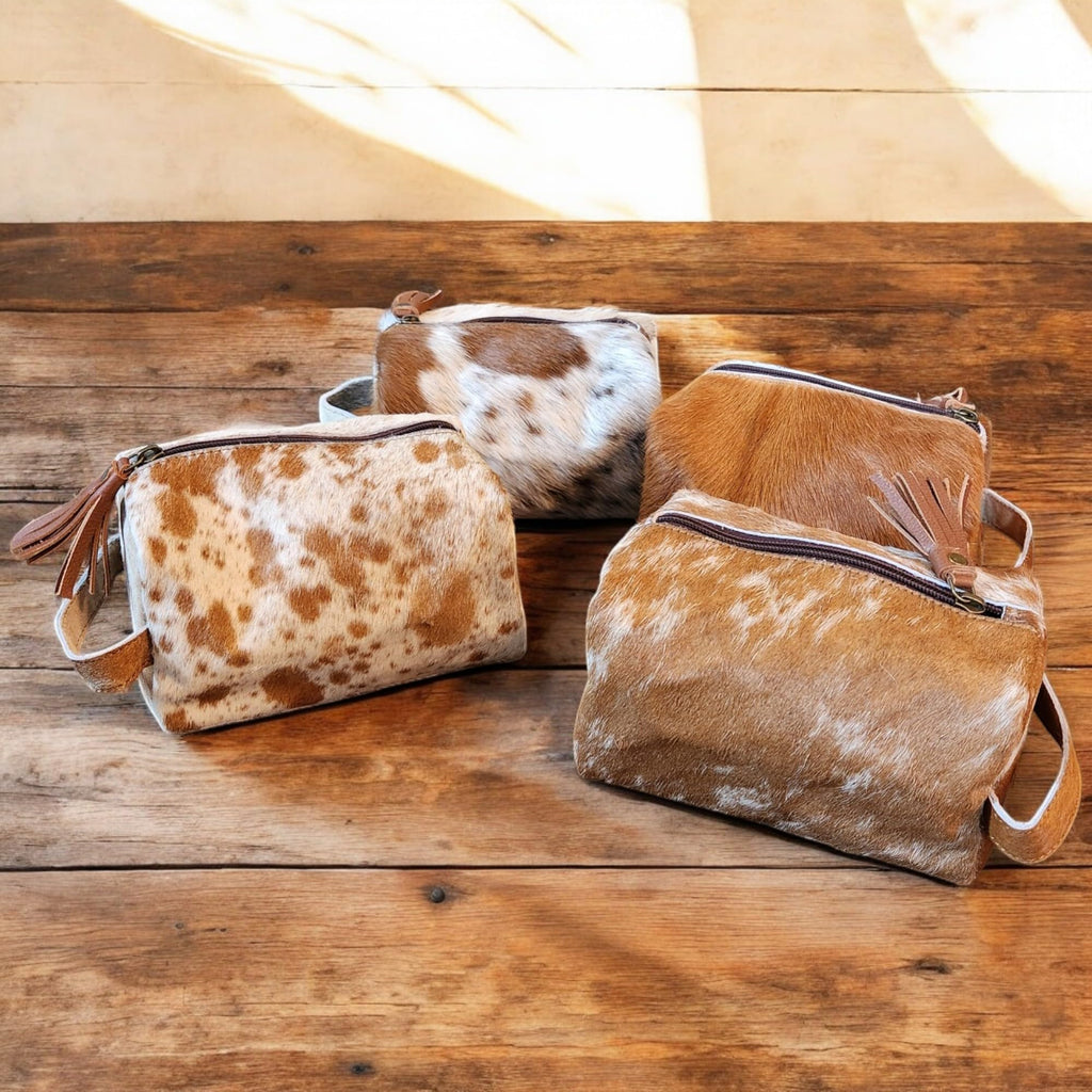 Ranch Junkie Mercantile Genuine Cowhide Handcrafted Cosmetic Pouch Highlands Cowhide Makeup Bag (Caramel Cowhide Mix)