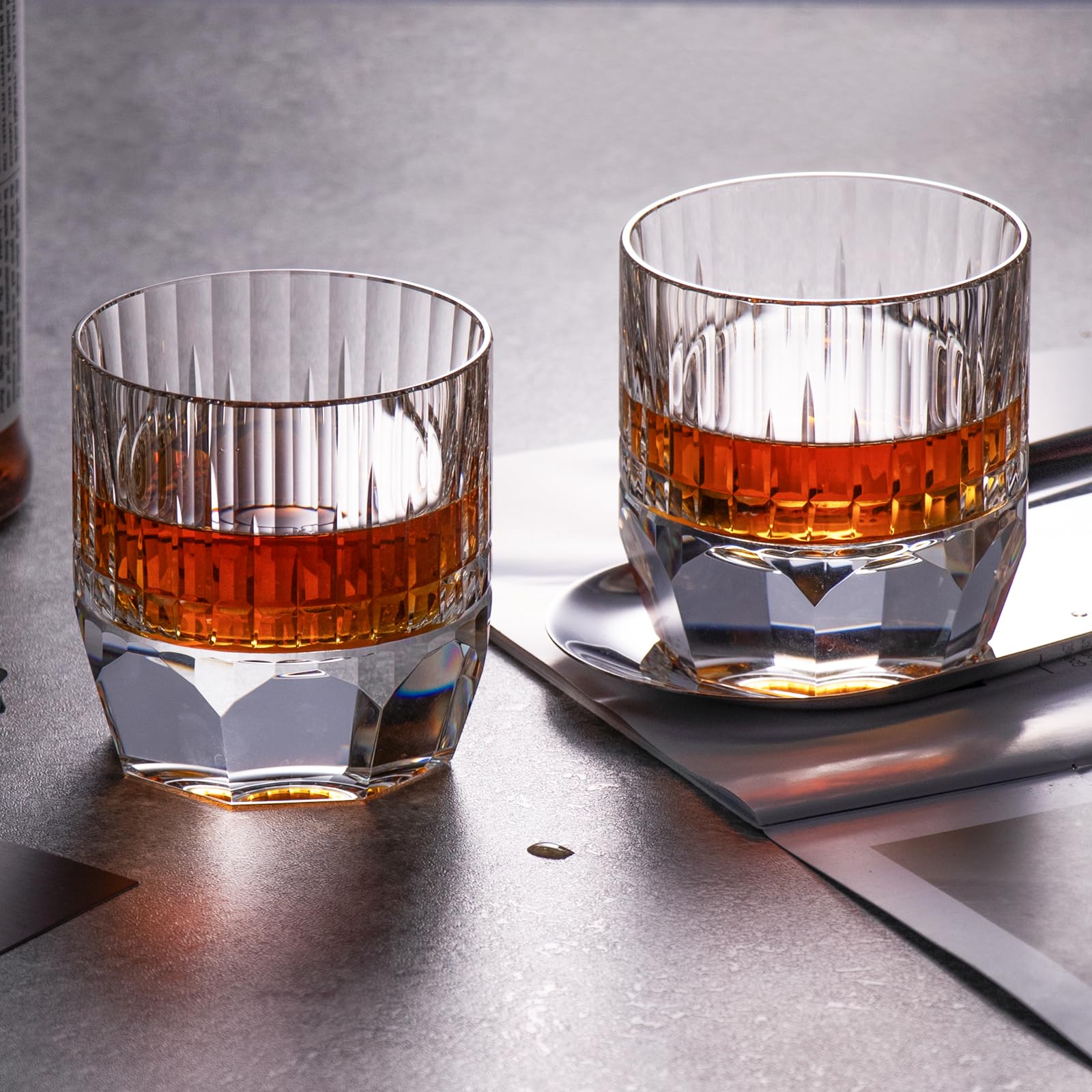 KAMMAK Crystal Whiskey Glasses Set of 2, Handcrafted 7.1oz Old Fashioned Glasses Stemless, Luxury Cocktail Glasses, Hand Blown Scotch Cup for Women, Men Gift for Rocks, Bourbon Barware, Bar