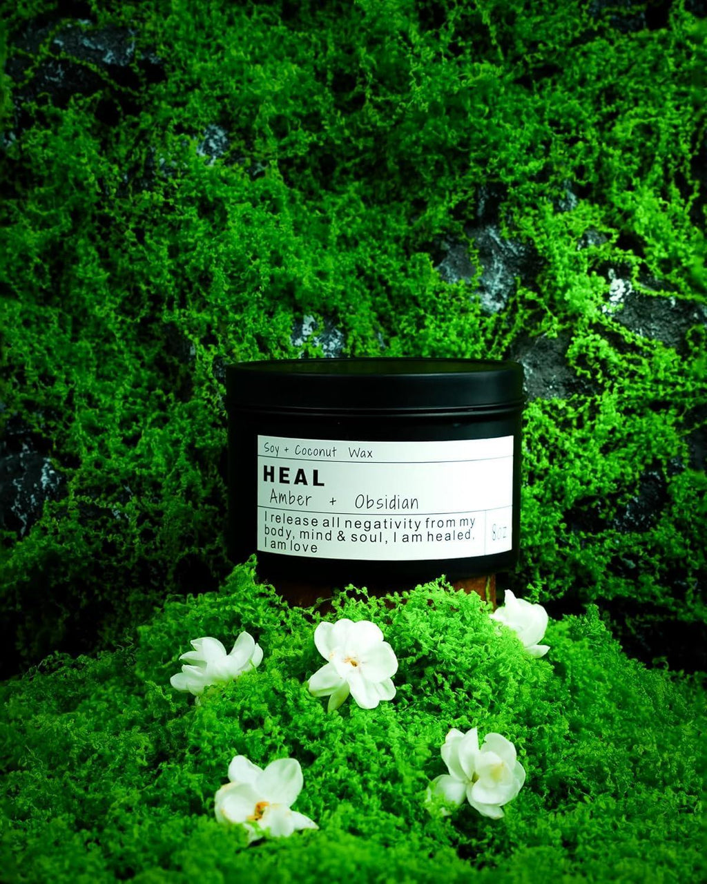 Obsidian Crystal Energy Candle, Good Aura Health Protection, Baltic Amber Chakra Magic Self-Care, Emotional Support, Encouragement and Affirmation Gift.(HEAL) - Handmade Lifestyle Shop