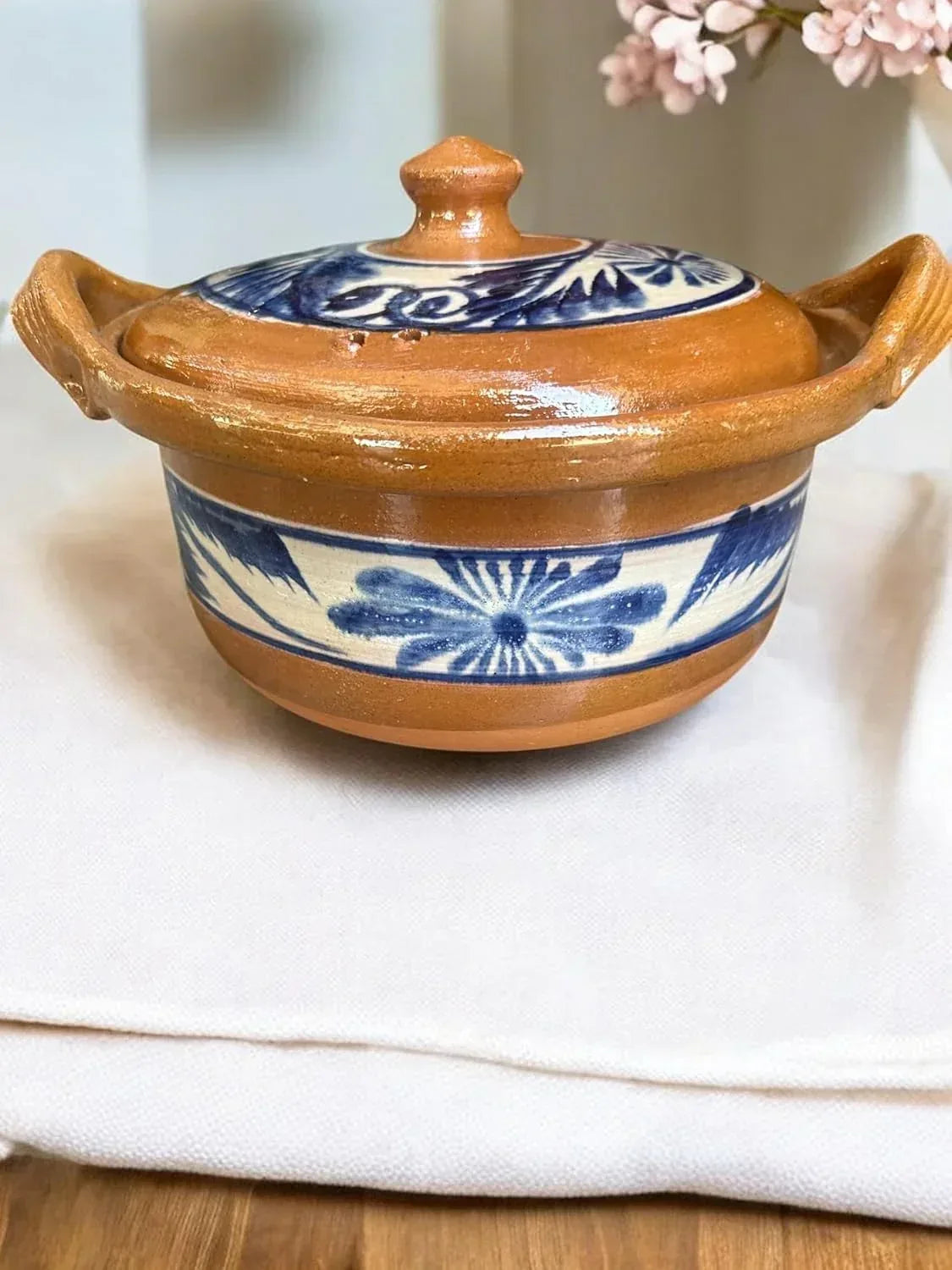 Traditional Mexican Barro Bean and Chili Pot – Handcrafted Clay Pot, 10 Inches Wide, Stovetop & Oven Safe, with Blue Accents – Perfect for Cooking and Serving - Handmade Lifestyle Shop