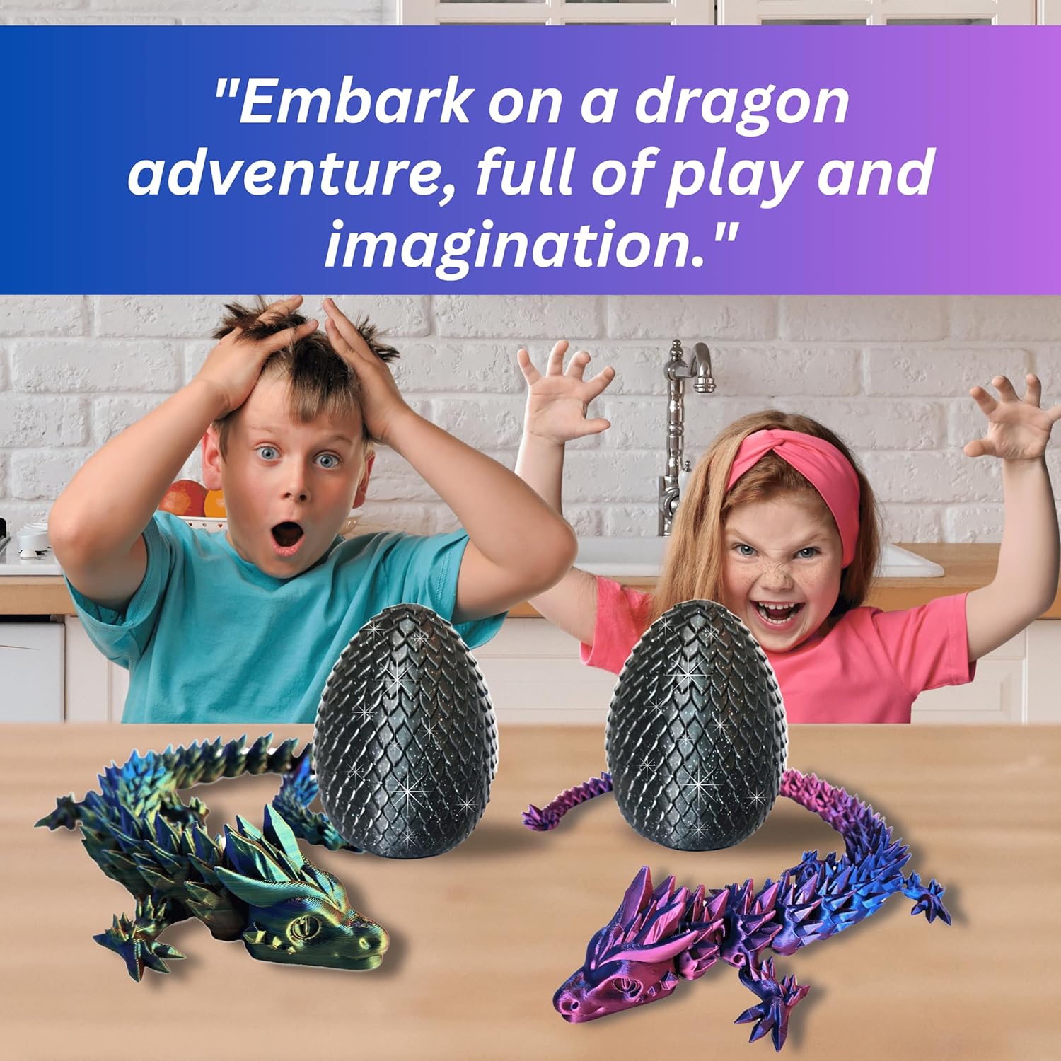 20" Articulated 3D Printed Dragon – Color-Changing Fidget Figurine, Mythical Figure, Made in USA, 3D Printed Toys - Valentines Day Gift for Boys and Girls (Rainbow with Blue Egg)
