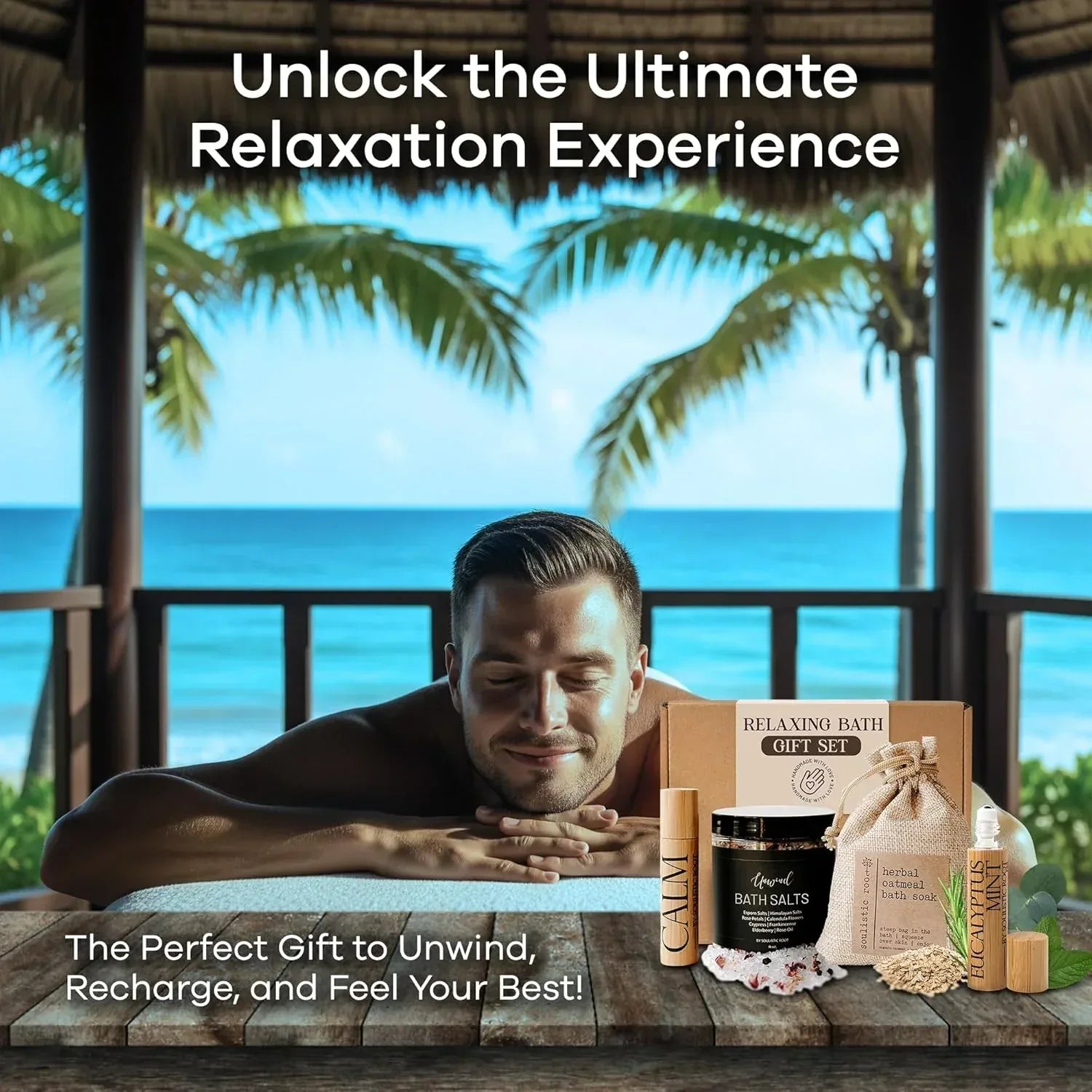 SOULISTIC ROOT Revitalizing Bath Gift - Premium Self-Care Bath & Body Set with Lavender Oatmeal Soak, Tranquil Essential Oil Roller, Epsom Salt Soak, Home Spa Kit, Valentine's Day Ready-to-Gift Box - Handmade Lifestyle Shop