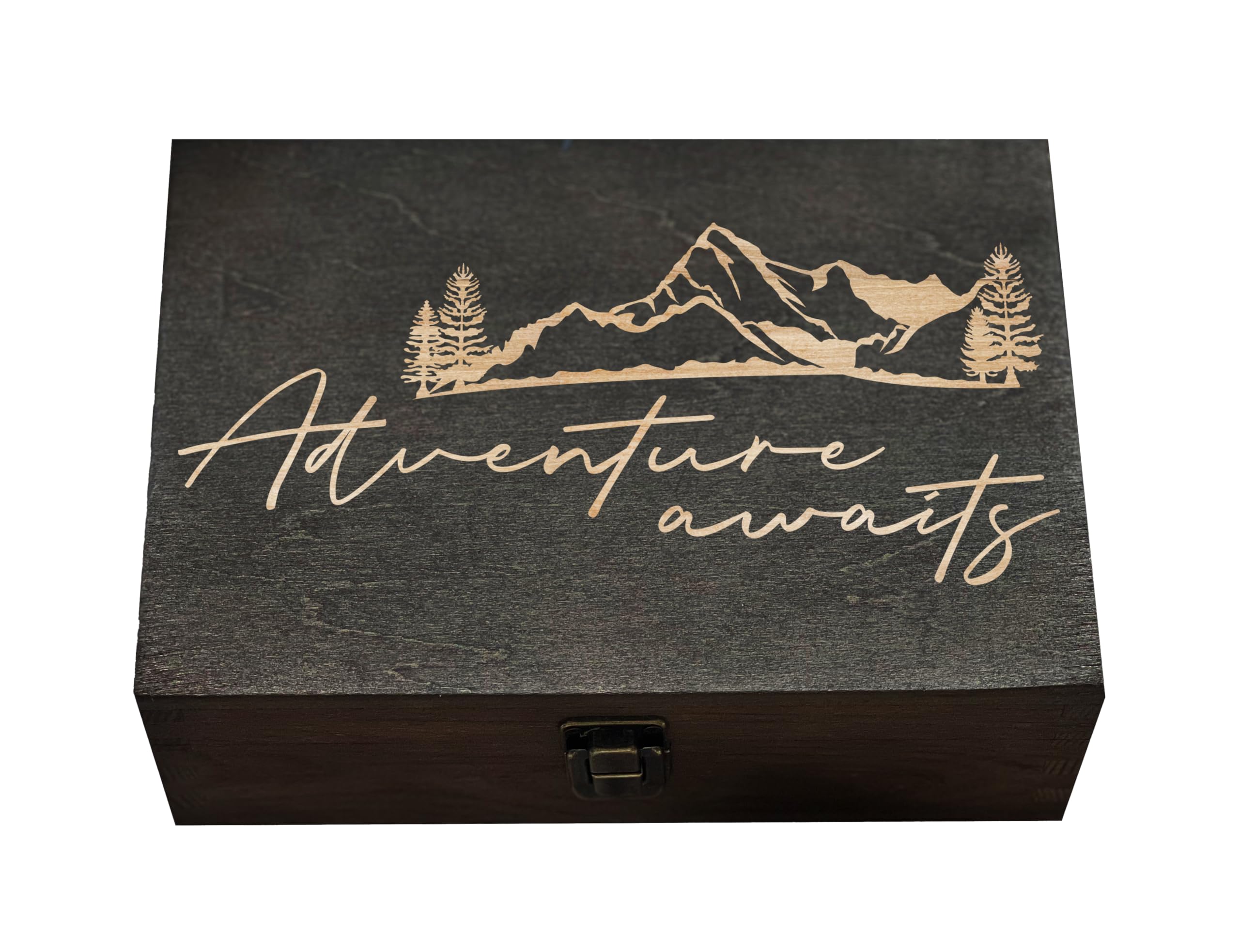 Dark Walnut Wooden Keepsake Box Our Adventures - 8.5x6x3in, Ideal for 5th Anniversary, Elegant Memory Box for Couples, Travel-Themed Storage