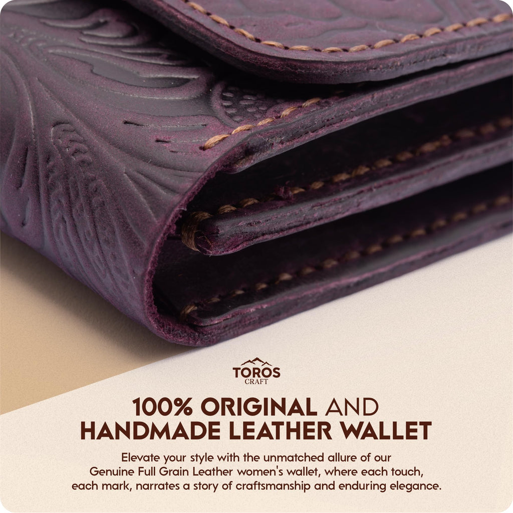 Toros Craft Handmade Wristlet Wallets for Women, Western Floral Leather Small Credit Card Holder with Zipper, Minimalist & Cute Coin Pouch, Genuine Leather, Dark Brown
