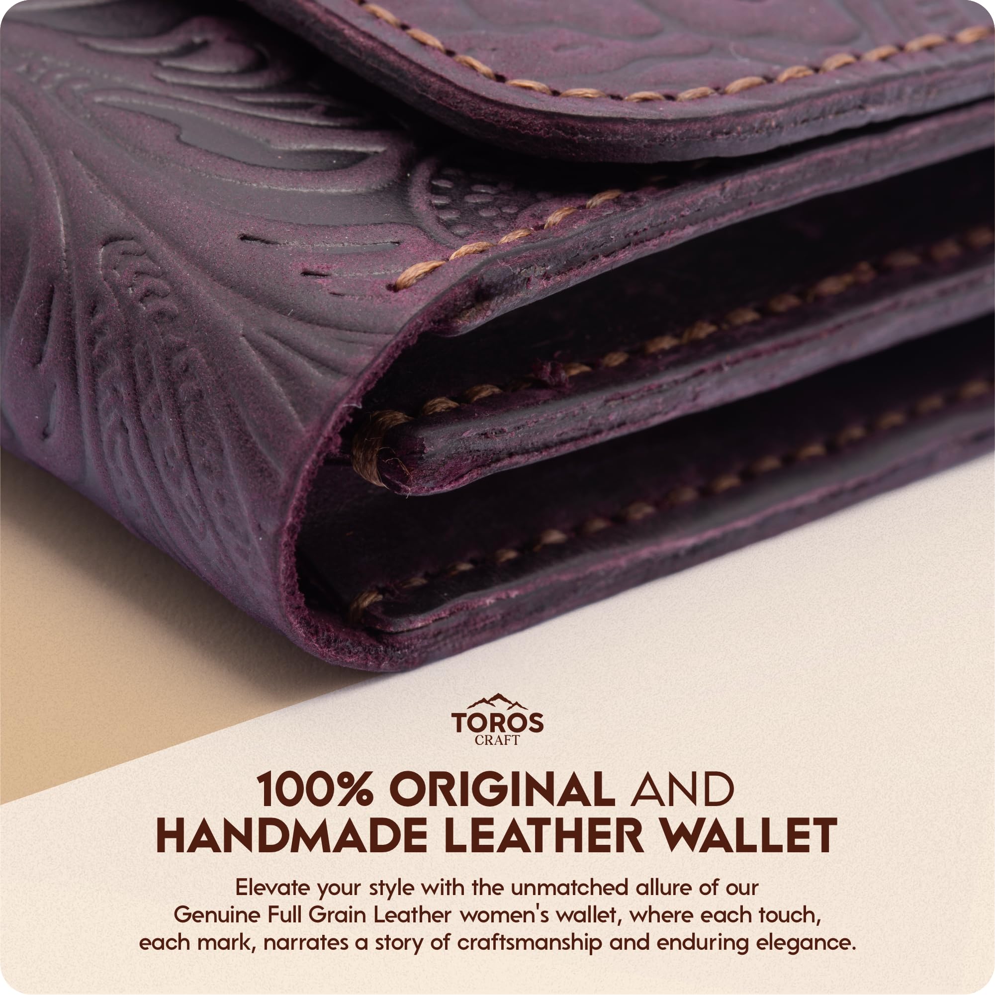 Toros Craft Handmade Wristlet Wallets for Women, Western Floral Leather Small Credit Card Holder with Zipper, Minimalist & Cute Coin Pouch, Genuine Leather, Dark Brown