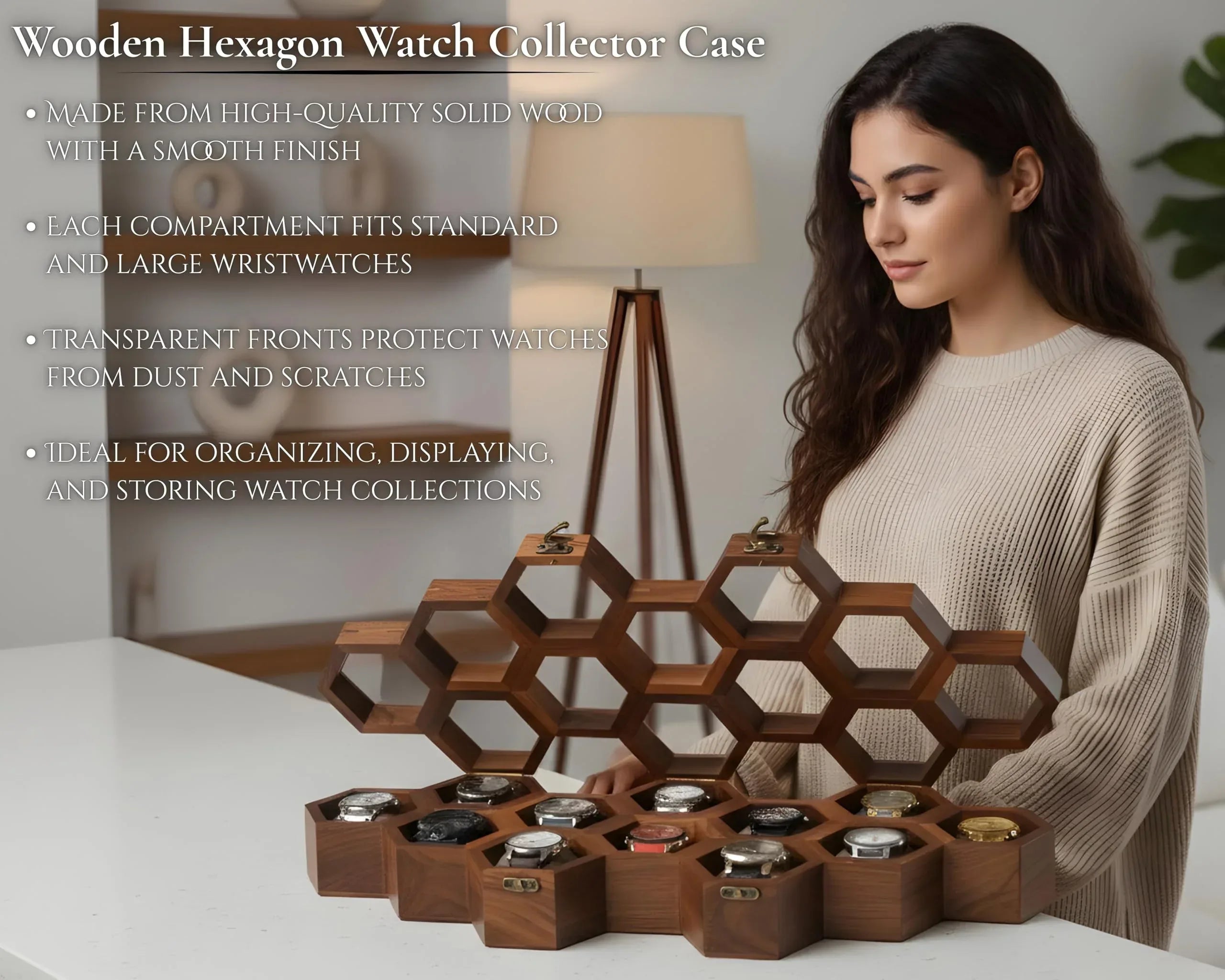 Premium 7-Slot Wooden Timepiece Display Case – Handcrafted Honeycomb Watch Box for Men in Superior Indian Rosewood | Hinged Glass Cover – Father’s Day Gift – Luxury Built to Last - Handmade Lifestyle Shop