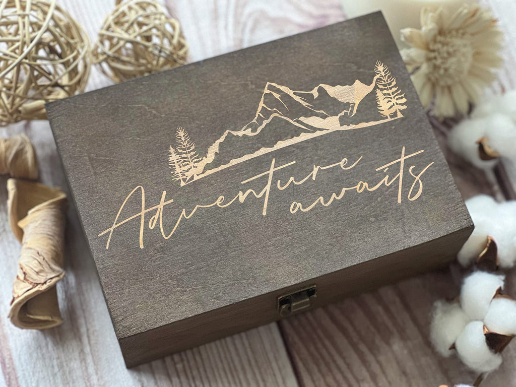 Dark Walnut Wooden Keepsake Box Our Adventures - 8.5x6x3in, Ideal for 5th Anniversary, Elegant Memory Box for Couples, Travel-Themed Storage