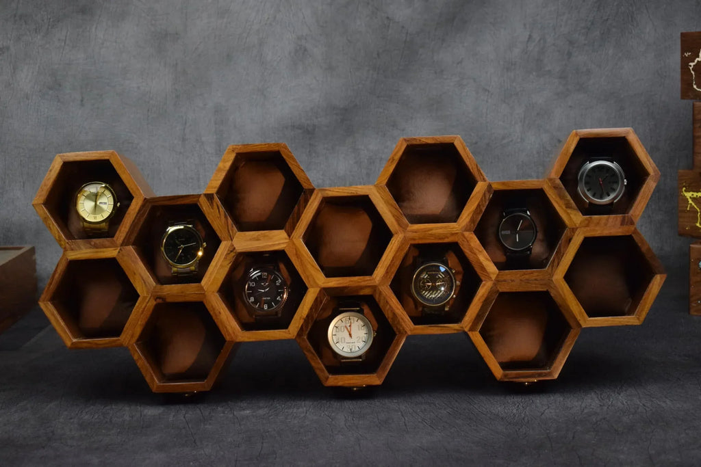 Premium 7-Slot Wooden Timepiece Display Case – Handcrafted Honeycomb Watch Box for Men in Superior Indian Rosewood | Hinged Glass Cover – Father’s Day Gift – Luxury Built to Last - Handmade Lifestyle Shop