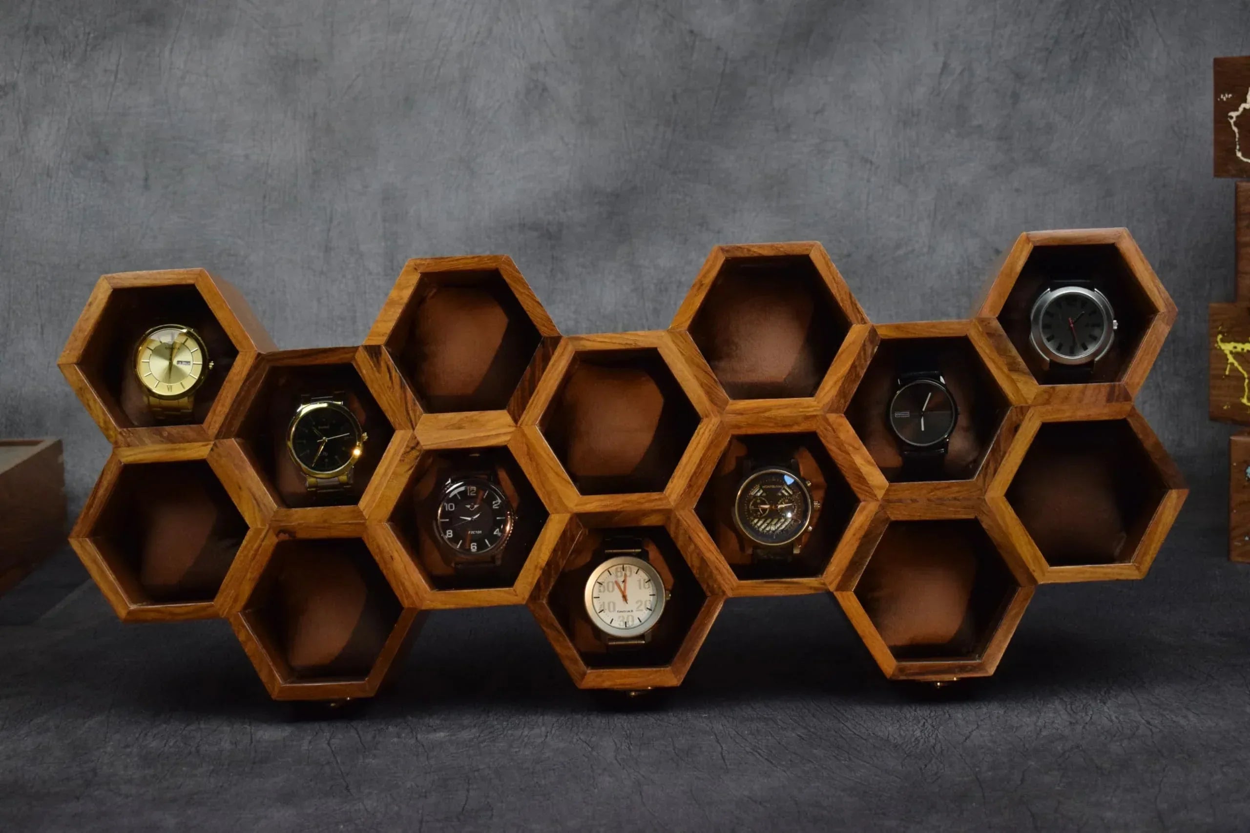 Premium 7-Slot Wooden Timepiece Display Case – Handcrafted Honeycomb Watch Box for Men in Superior Indian Rosewood | Hinged Glass Cover – Father’s Day Gift – Luxury Built to Last - Handmade Lifestyle Shop