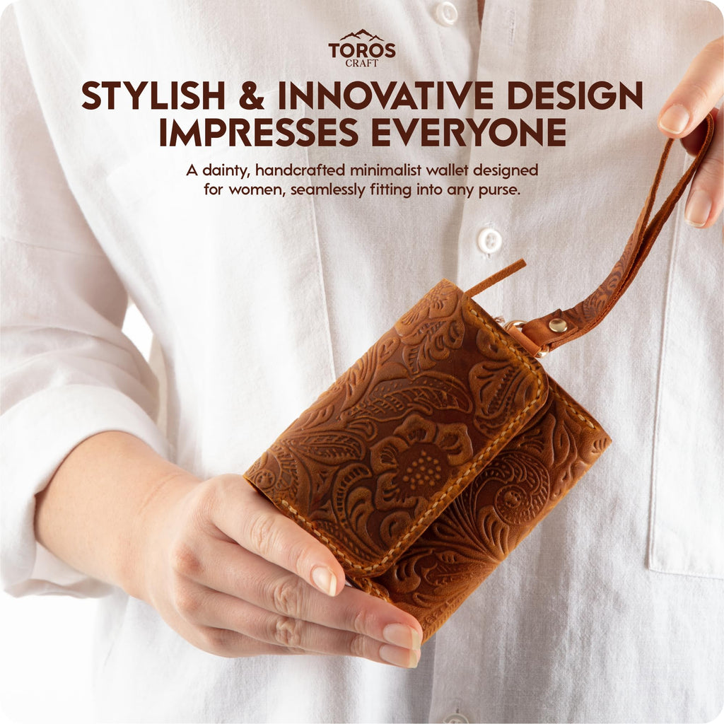 Toros Craft Handmade Wristlet Wallets for Women, Western Floral Leather Small Credit Card Holder with Zipper, Minimalist & Cute Coin Pouch, Genuine Leather, Dark Brown