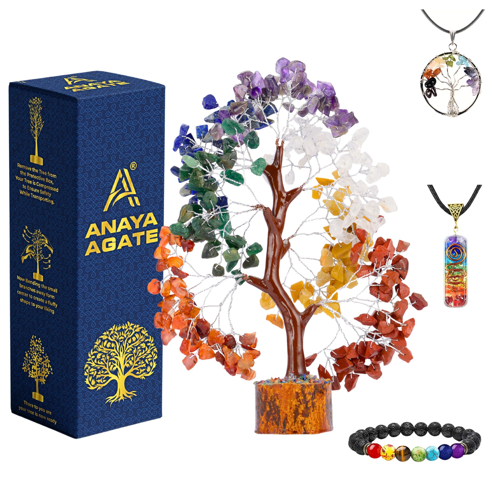 7 Chakra Healing Crystal Tree Kit, Bracelet, Pendant, Necklaces, Handmade Gemstone Money Bonsai Tree of Life Feng Shui Decor for Home Office, Positive Energy, Reiki Healing, for Women