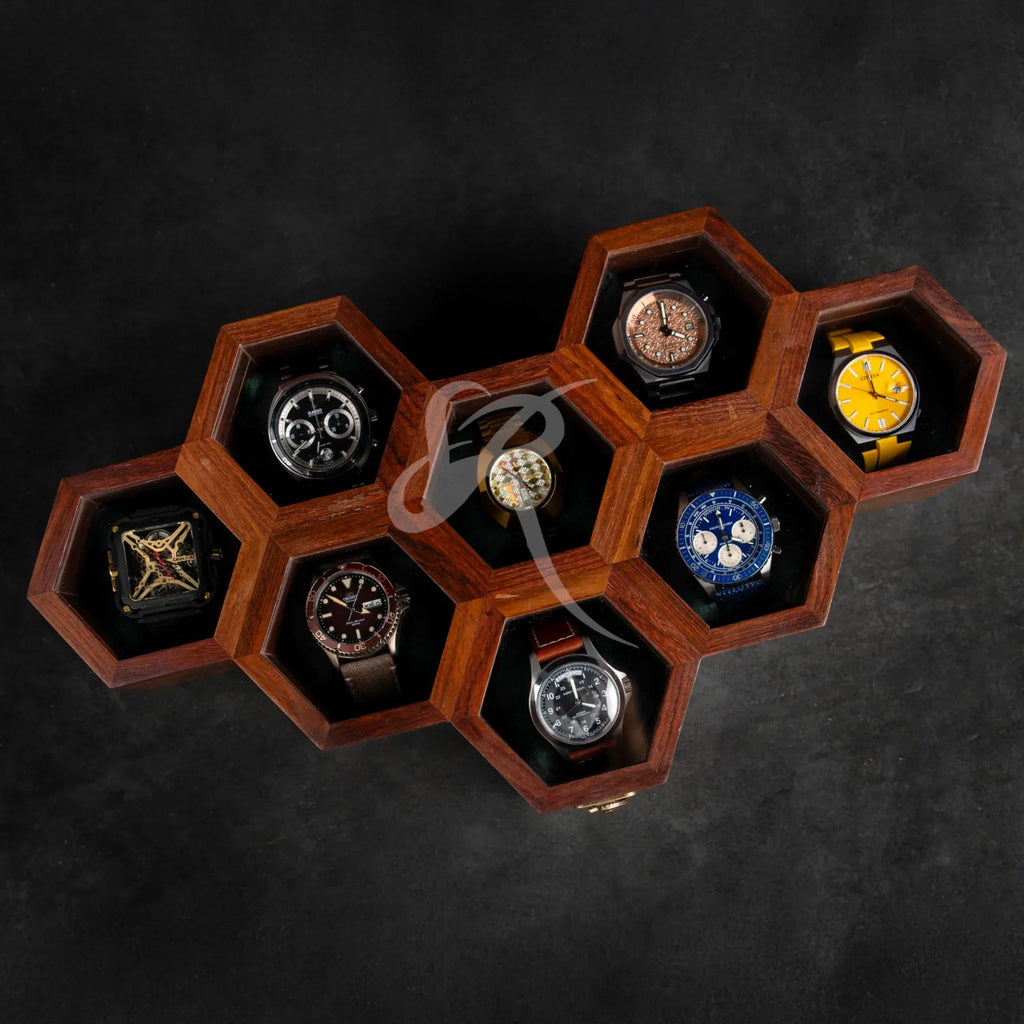Premium 7-Slot Wooden Timepiece Display Case – Handcrafted Honeycomb Watch Box for Men in Superior Indian Rosewood | Hinged Glass Cover – Father’s Day Gift – Luxury Built to Last - Handmade Lifestyle Shop