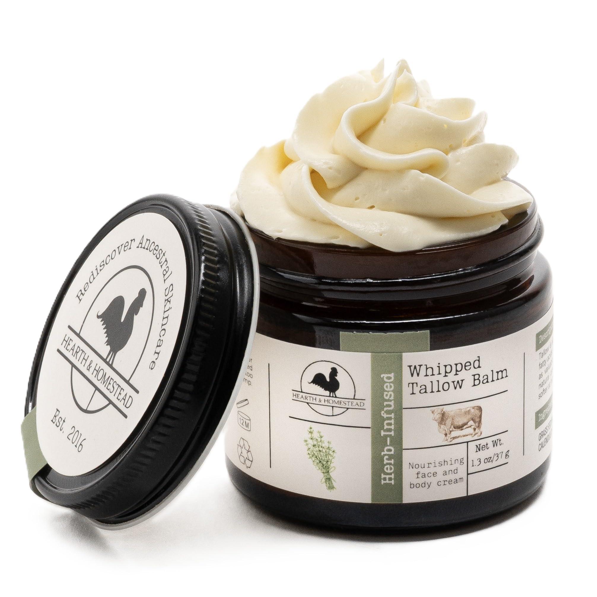 Hearth and Homestead: Handmade Whipped Tallow Balm (Unscented/Herb-Infused) - Organic Body Butter with Infused Olive Oil, for Eczema, Rosacea, Baby - 1.3 oz - Handmade Lifestyle Shop