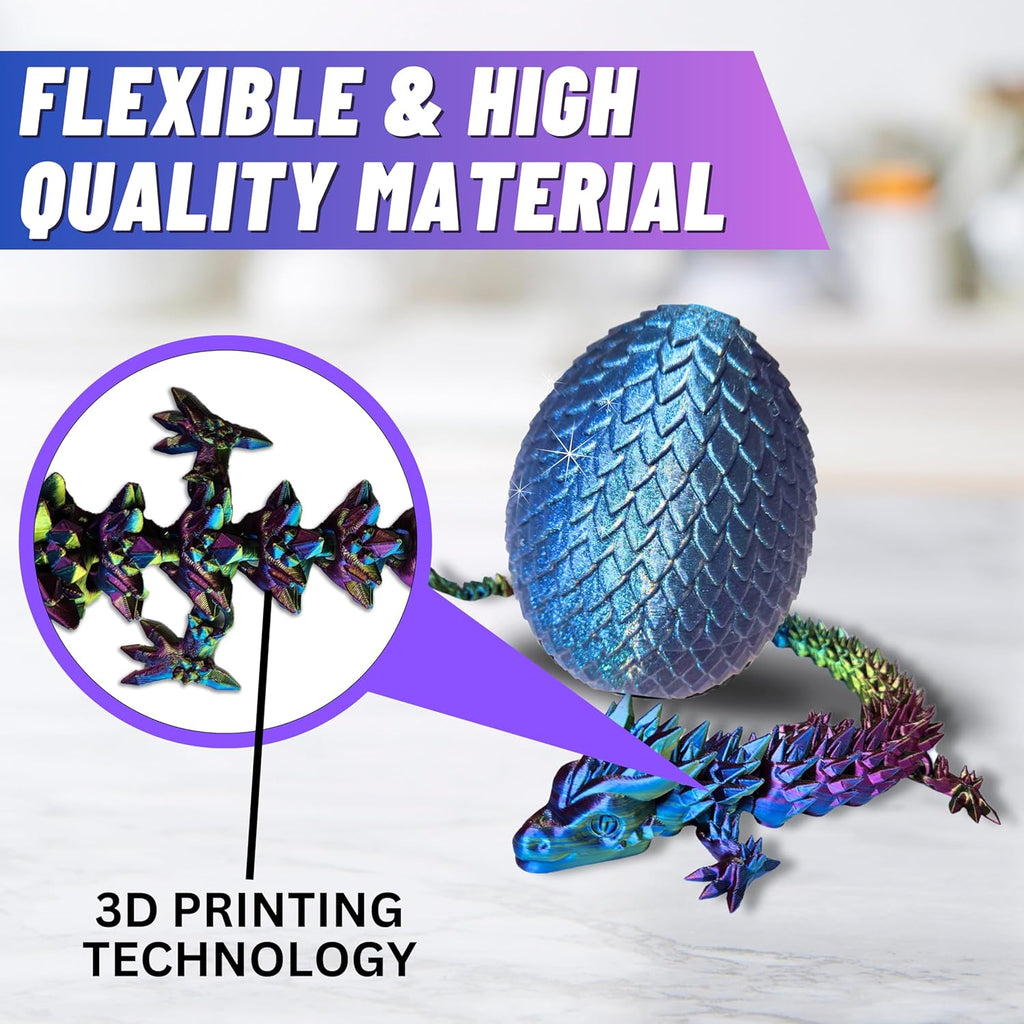 20" Articulated 3D Printed Dragon – Color-Changing Fidget Figurine, Mythical Figure, Made in USA, 3D Printed Toys - Valentines Day Gift for Boys and Girls (Rainbow with Blue Egg)