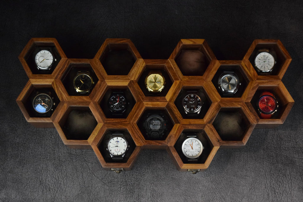 Premium 7-Slot Wooden Timepiece Display Case – Handcrafted Honeycomb Watch Box for Men in Superior Indian Rosewood | Hinged Glass Cover – Father’s Day Gift – Luxury Built to Last