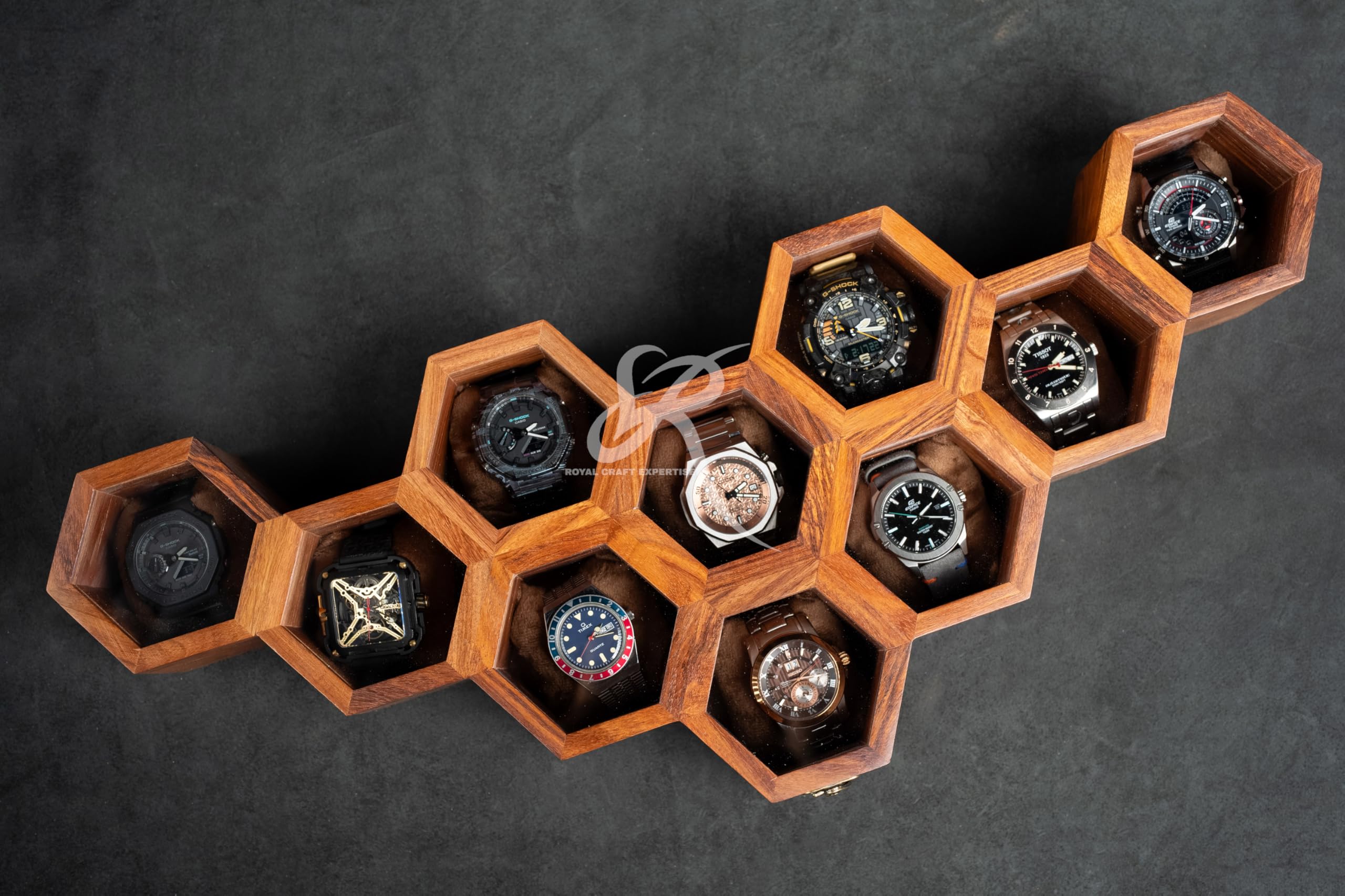 Premium 7-Slot Wooden Timepiece Display Case – Handcrafted Honeycomb Watch Box for Men in Superior Indian Rosewood | Hinged Glass Cover – Father’s Day Gift – Luxury Built to Last