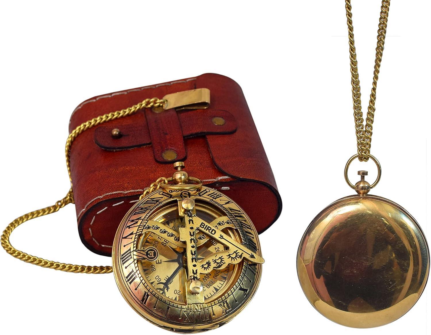 Handcrafted Vintage Brass Sundial Compass – Antique Nautical Sun Clock with Leather Case – Engraved Collectible Brass Compass Gift for Men - Nautical Gifts for Men, Best Anniversary Vintage Gifts - Handmade Lifestyle Shop