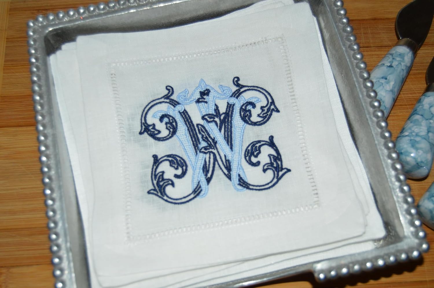 Personalized Linen Cocktail Hemstitched Napkins Embroidered in Vintage Vine Font, Elegant Bar Linens for Home Making The Perfect Hostess, Bridal or Housewarming Gift