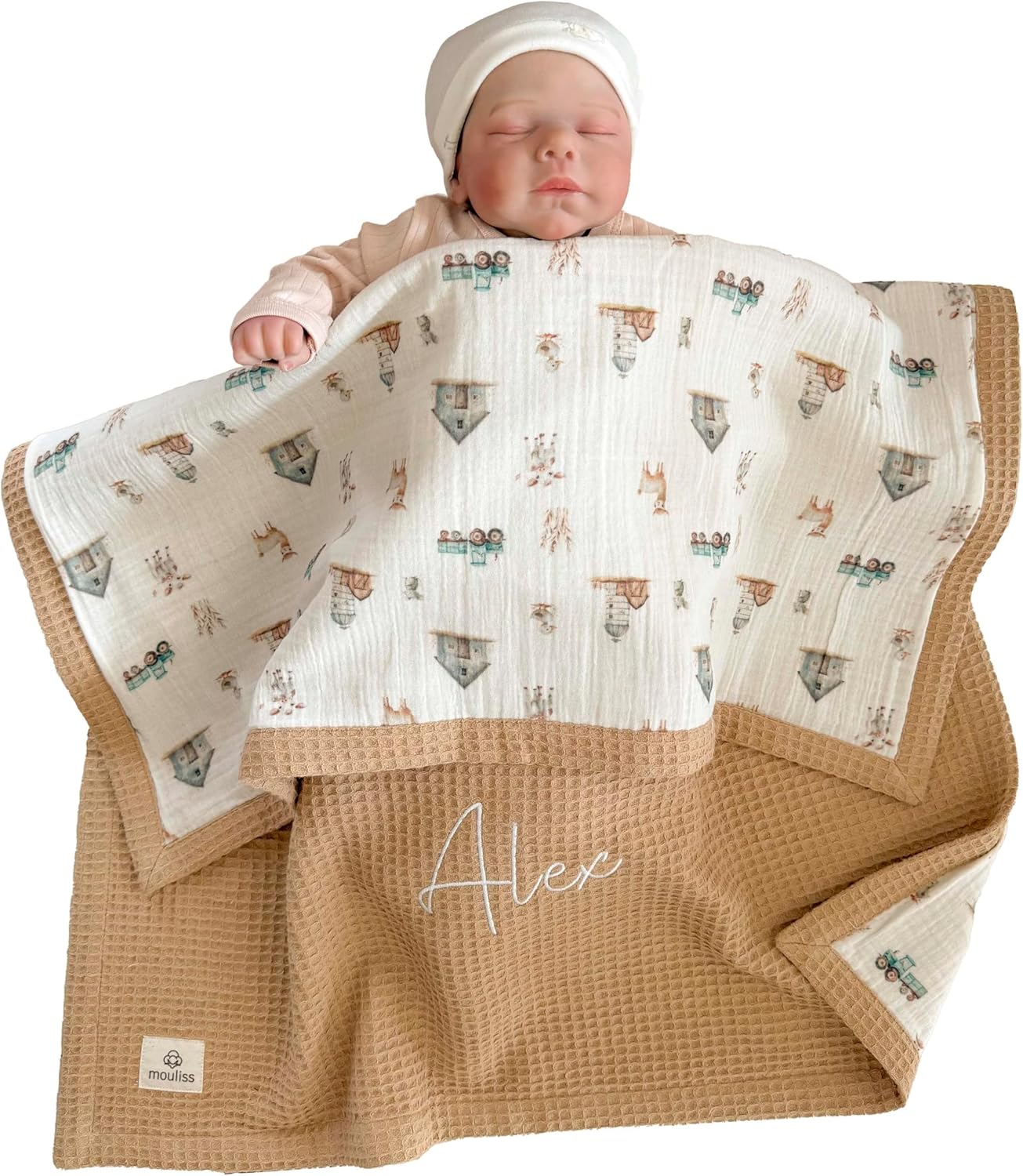 Mouliss Personalized Baby Blanket with Name – Handmade 100% Organic Cotton Newborn Gift | Custom Knit Blanket for Boys, Girls, Kids & Baby Showers