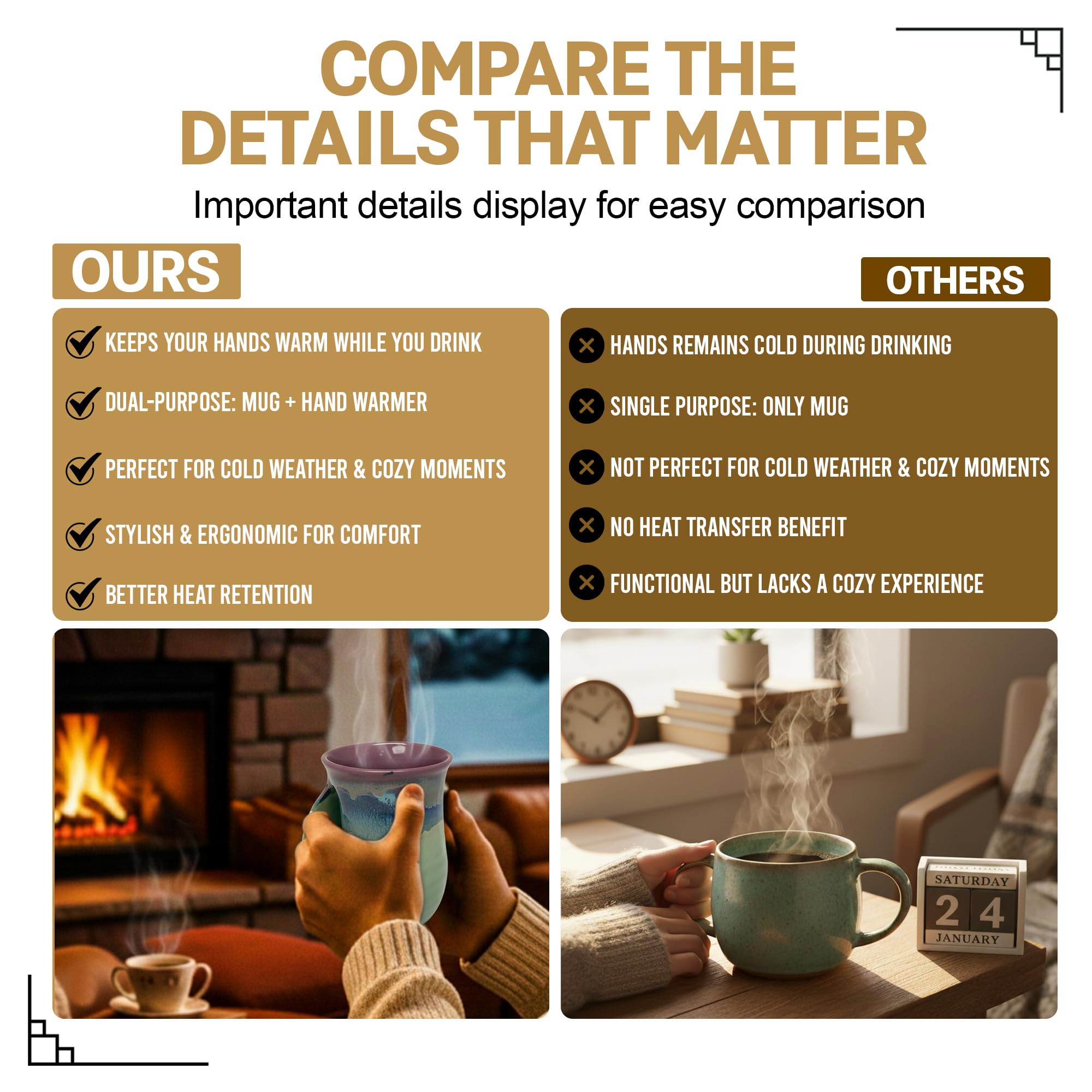 Clay in Motion Hand Warmer Coffee Mug – Handmade Coffee Mug With Comfortable Handle Contoured Pocket Hand Warming Ceramic Coffee Mug – Proudly Made in USA – Right Handed – 14 Oz - Island Oasis