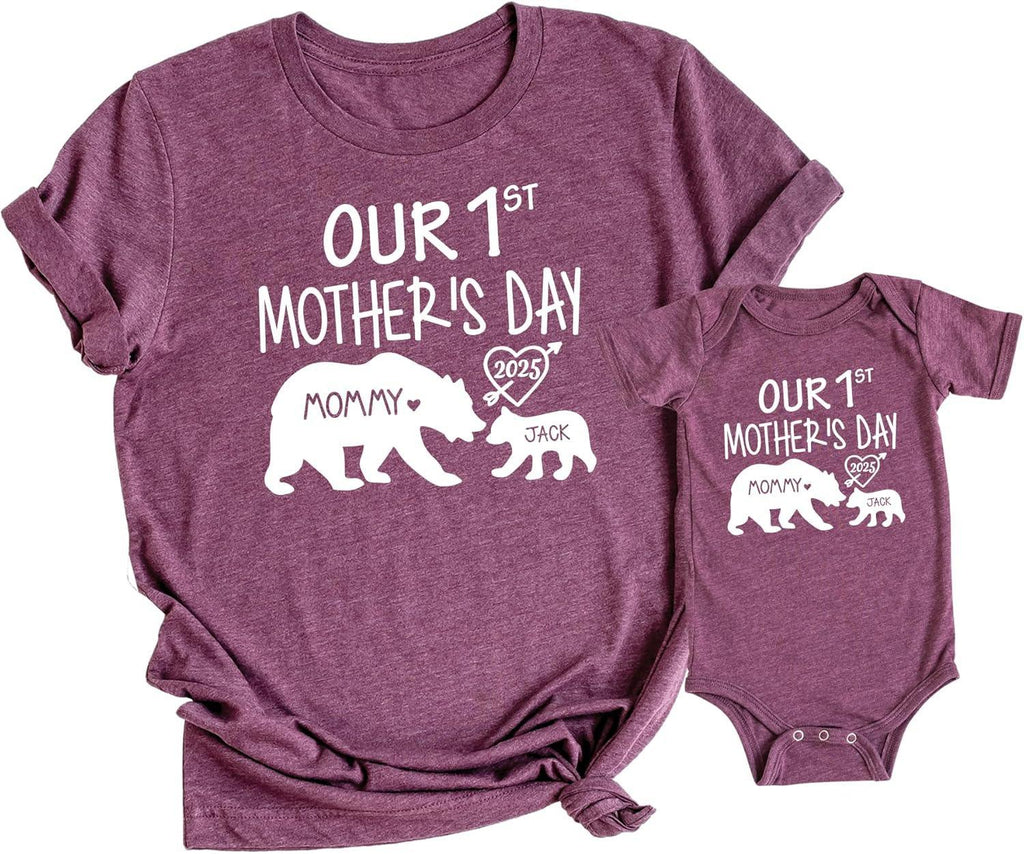 Our 1st Mother's Day Shirt, Mommy and Me Shirts, Matching First Mother's Day Outfits, Customizable with Names and Date, Baby Bodysuit and Mom Shirt Set, Mother's Day Gift Idea, Pack of 2 - Handmade Lifestyle Shop