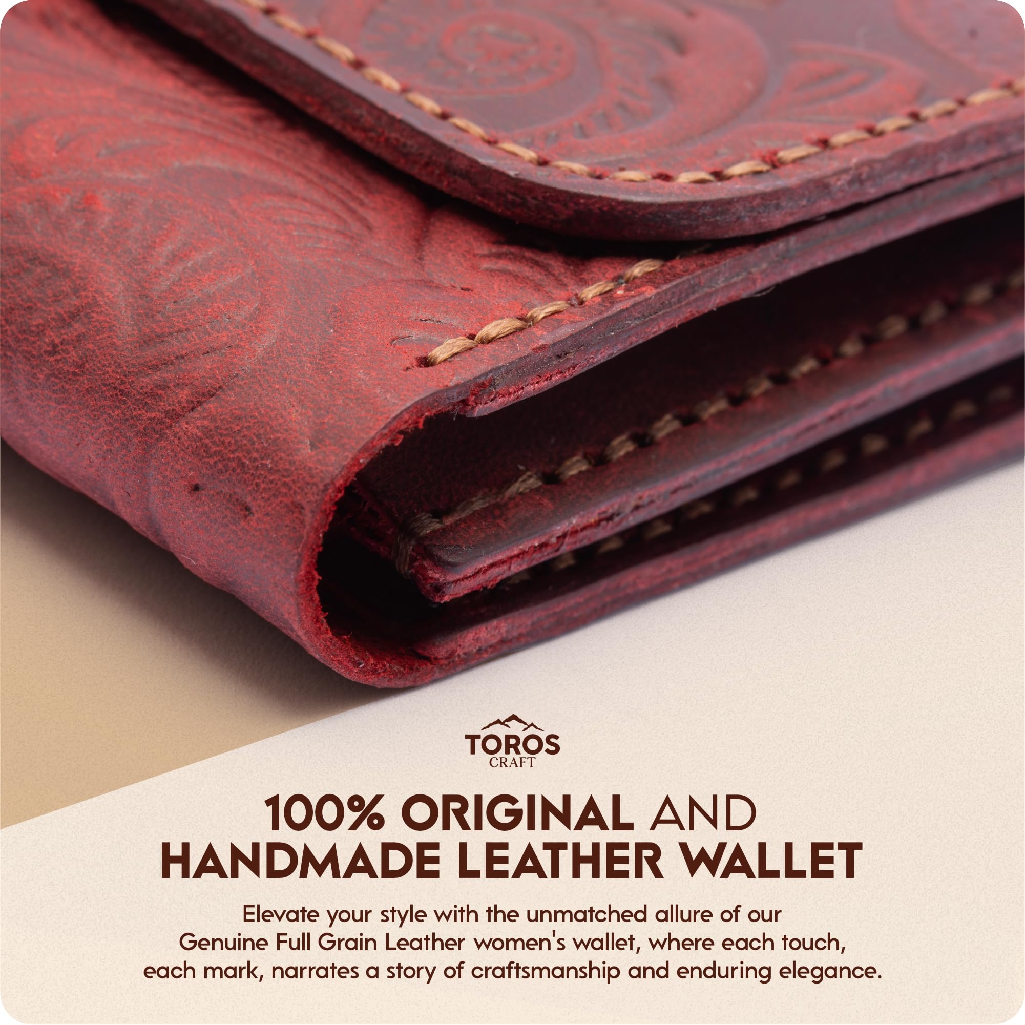 Toros Craft Handmade Wristlet Wallets for Women, Western Floral Leather Small Credit Card Holder with Zipper, Minimalist & Cute Coin Pouch, Genuine Leather, Dark Brown