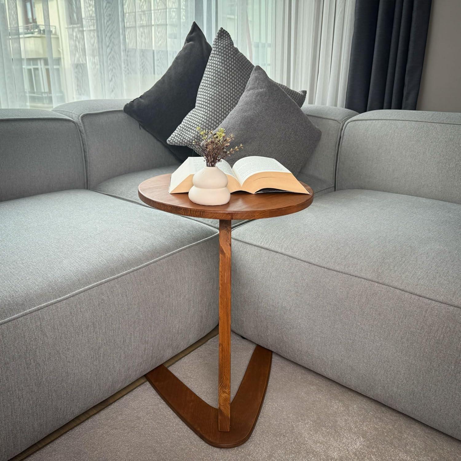 C-Shaped Handmade Solid Wood End Table, Side Table for Couches, Sofa Tables Slide Under Couch for Living Room, Over Couch TV Tray Table for Small Spaces (Medium, Chestnut) - Handmade Lifestyle Shop