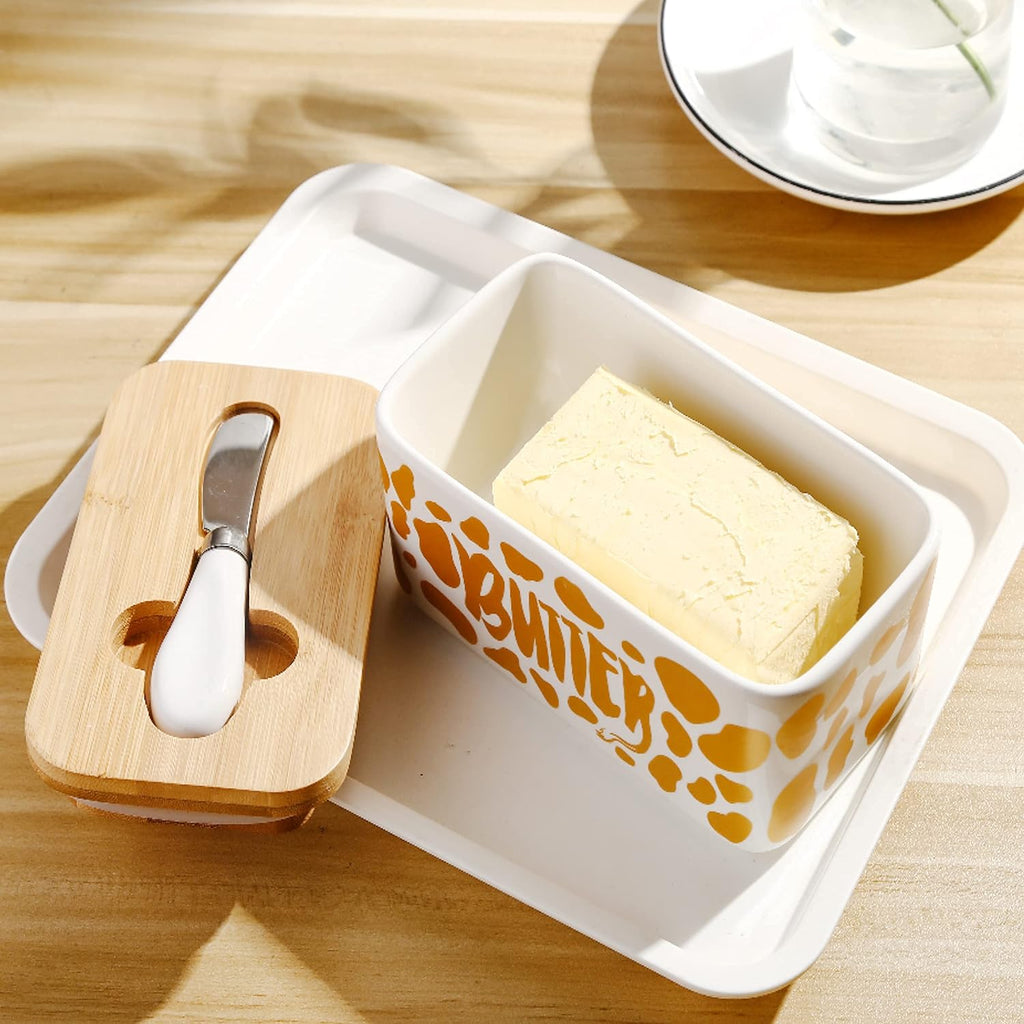 Butter Dish with Lid, Butter Dish with Lid for Countertop, White Butter Keeper Holds Up to 2 Sticks - Butter Holder and Container (Black butter me up, Large)